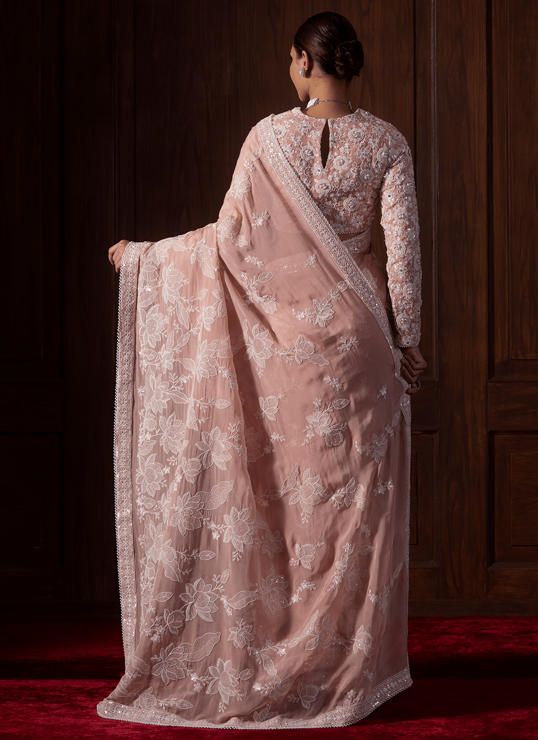 Dusty Peach Embroidered Viscose Organza Saree - Lashkaraa