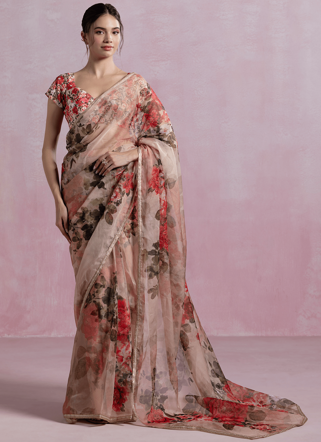Dusty Peach Floral Printed Organza Saree - Lashkaraa