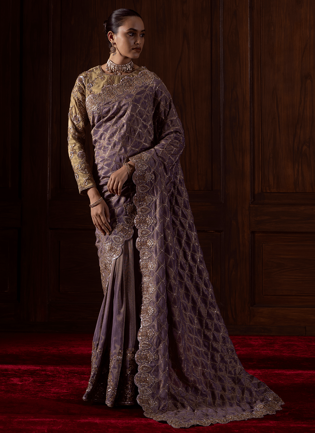 Dusty Purple Embroidered Tissue Organza Saree - Lashkaraa