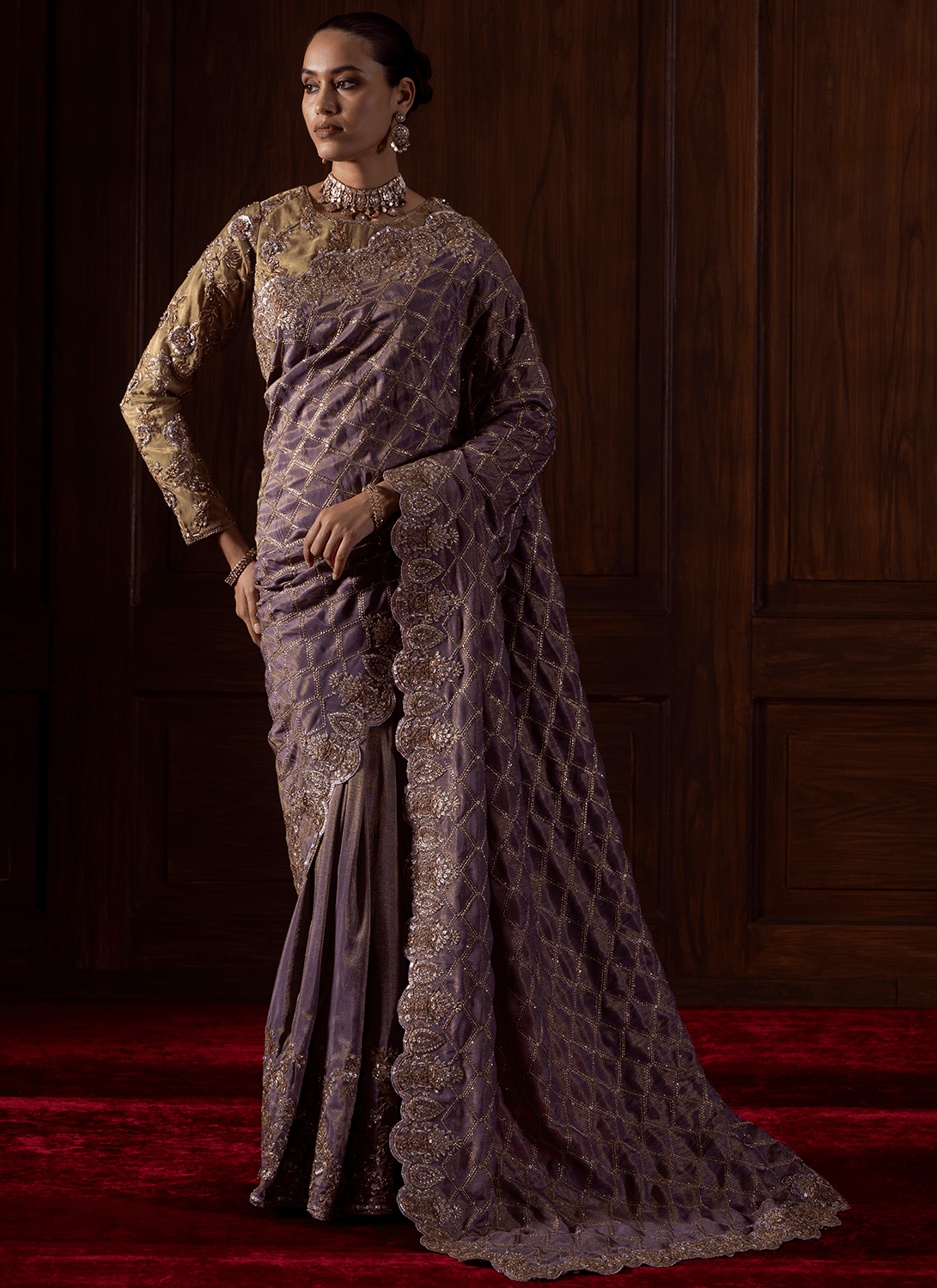 Dusty Purple Embroidered Tissue Organza Saree - Lashkaraa