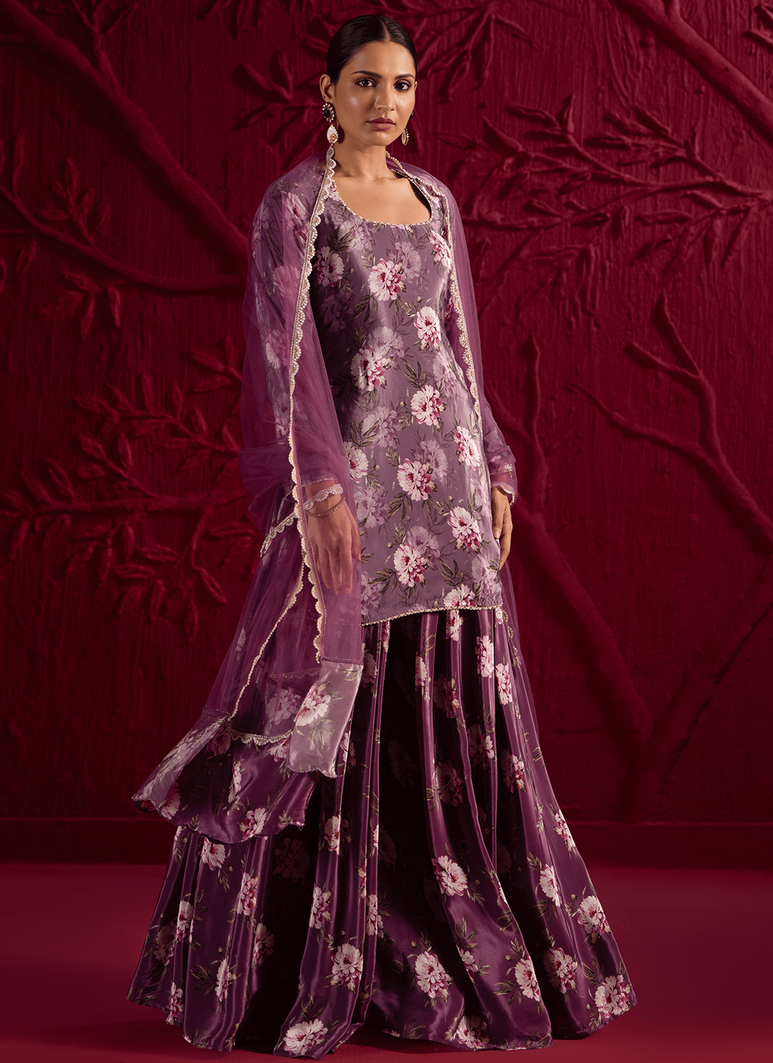 Dusty Purple Floral Embroidered Sharara Suit - Lashkaraa