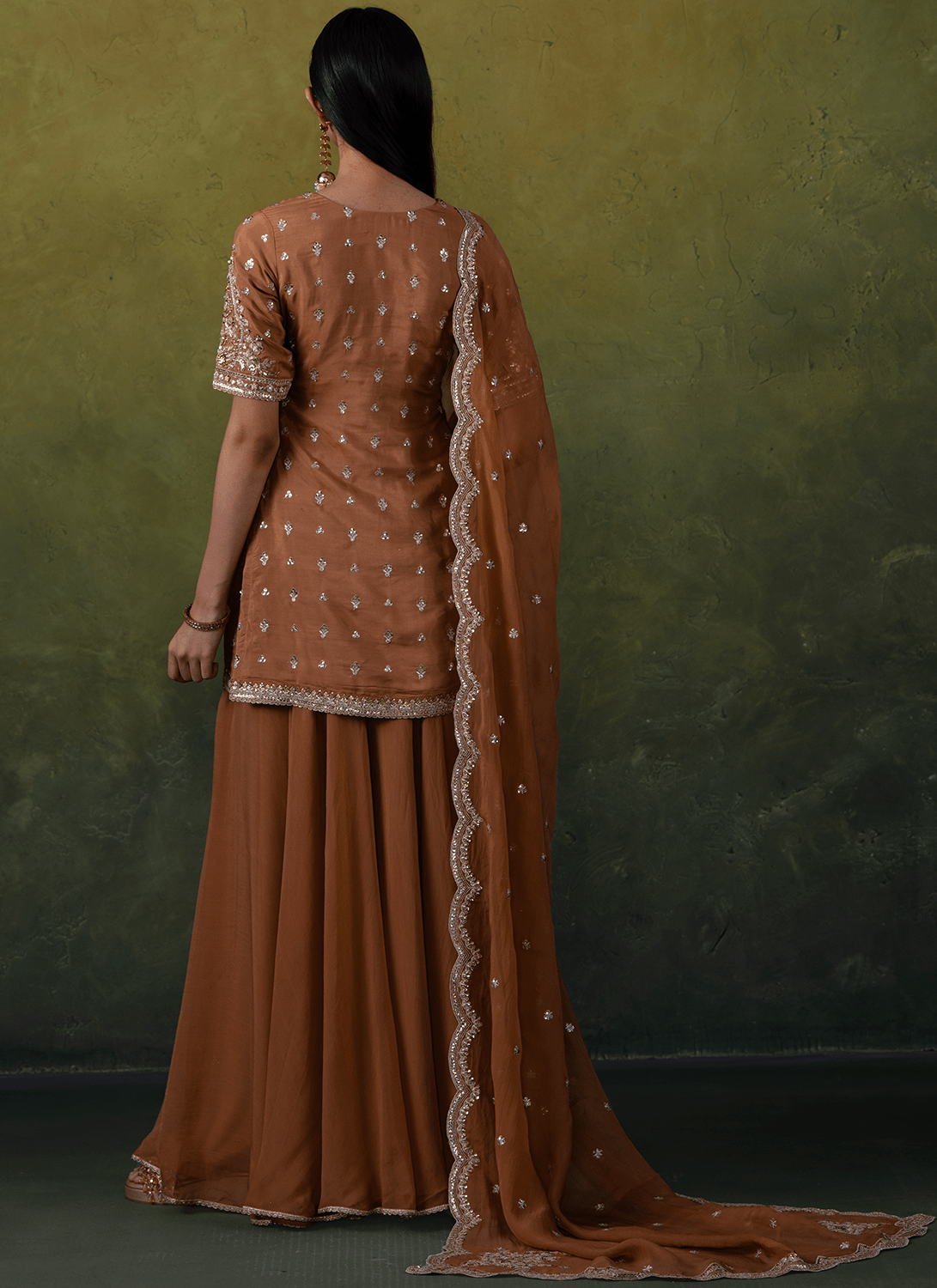 Dusty Rust Embroidered Viscose Silk Sharara - Lashkaraa