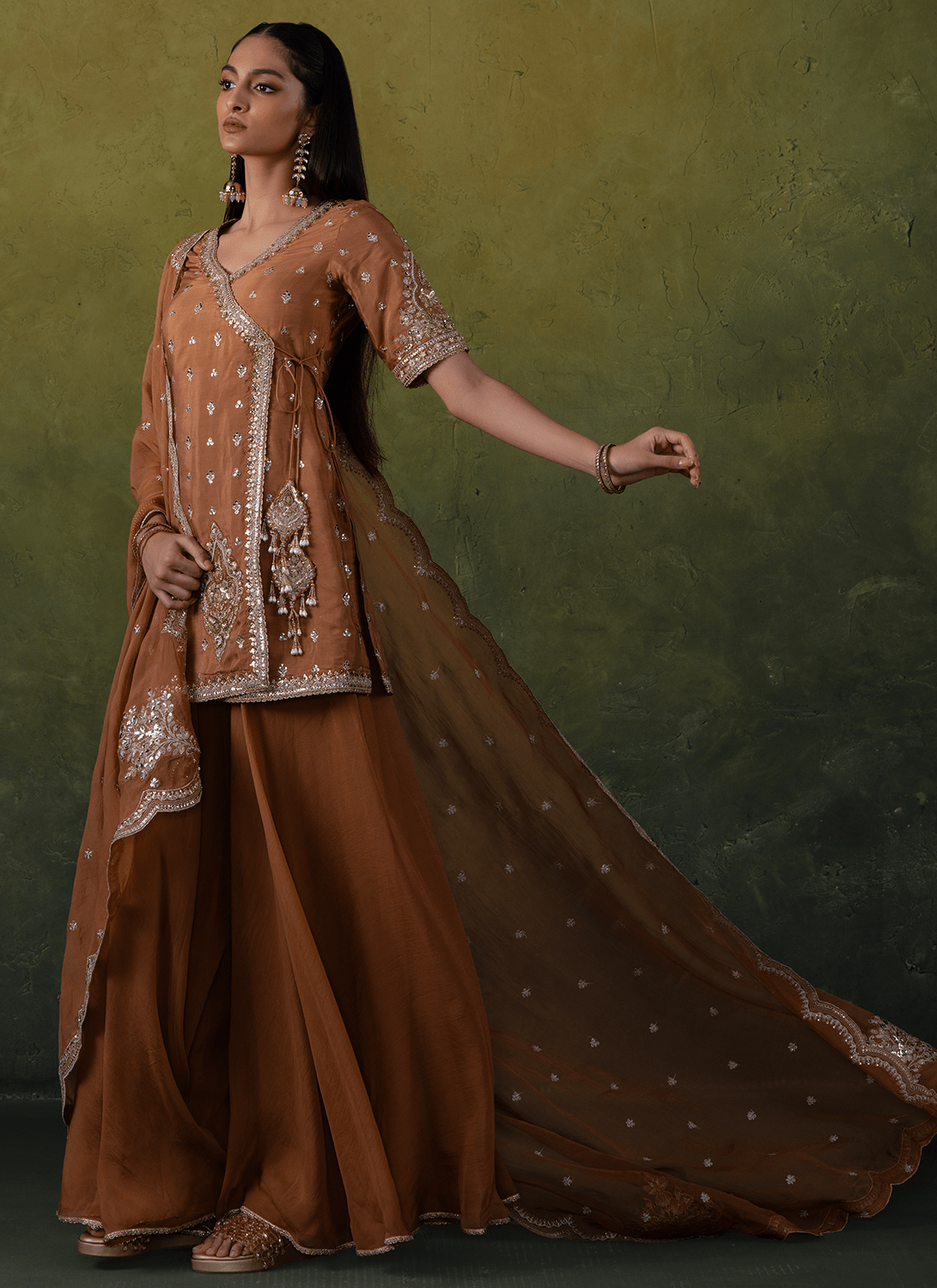 Dusty Rust Embroidered Viscose Silk Sharara - Lashkaraa