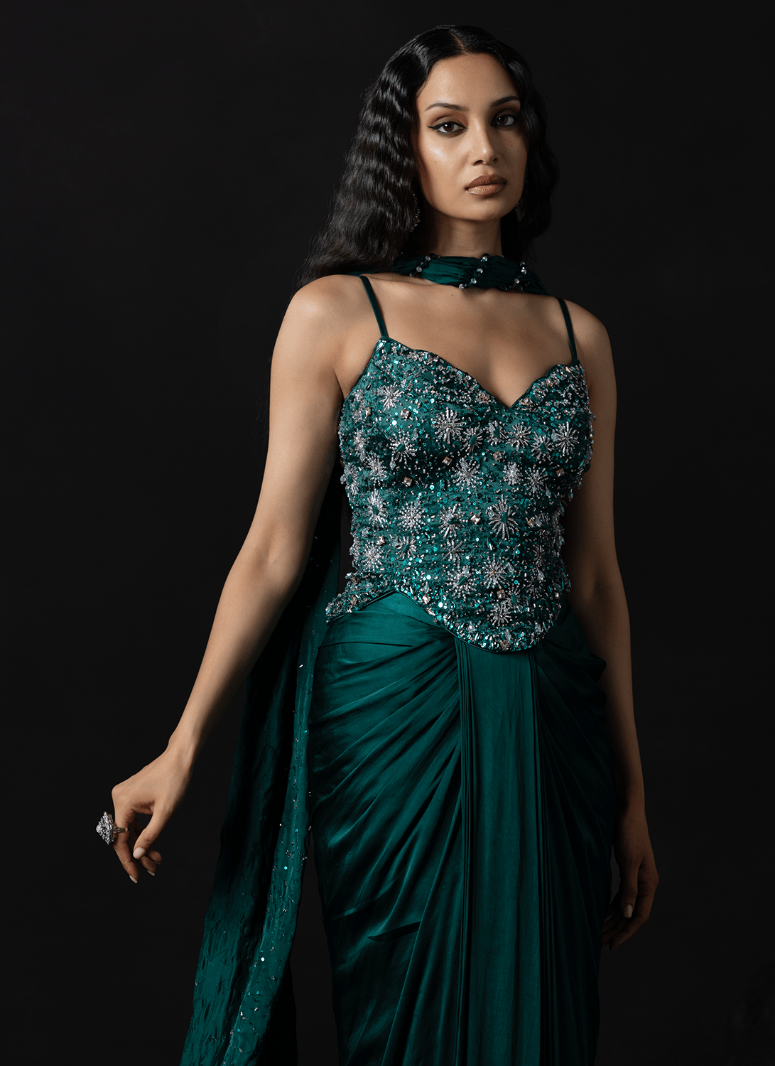 Emerald Green Embroidered Satin Anarkali Gown - Lashkaraa