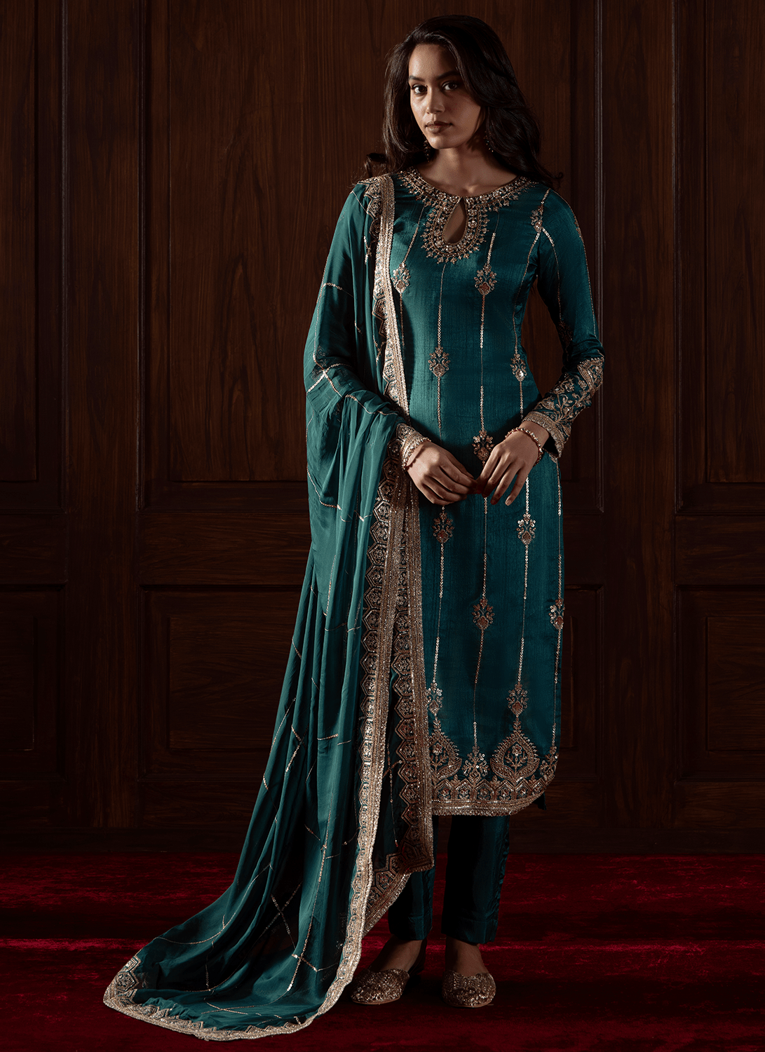 Emerald Green Embroidered Silk Straight Suit - Lashkaraa