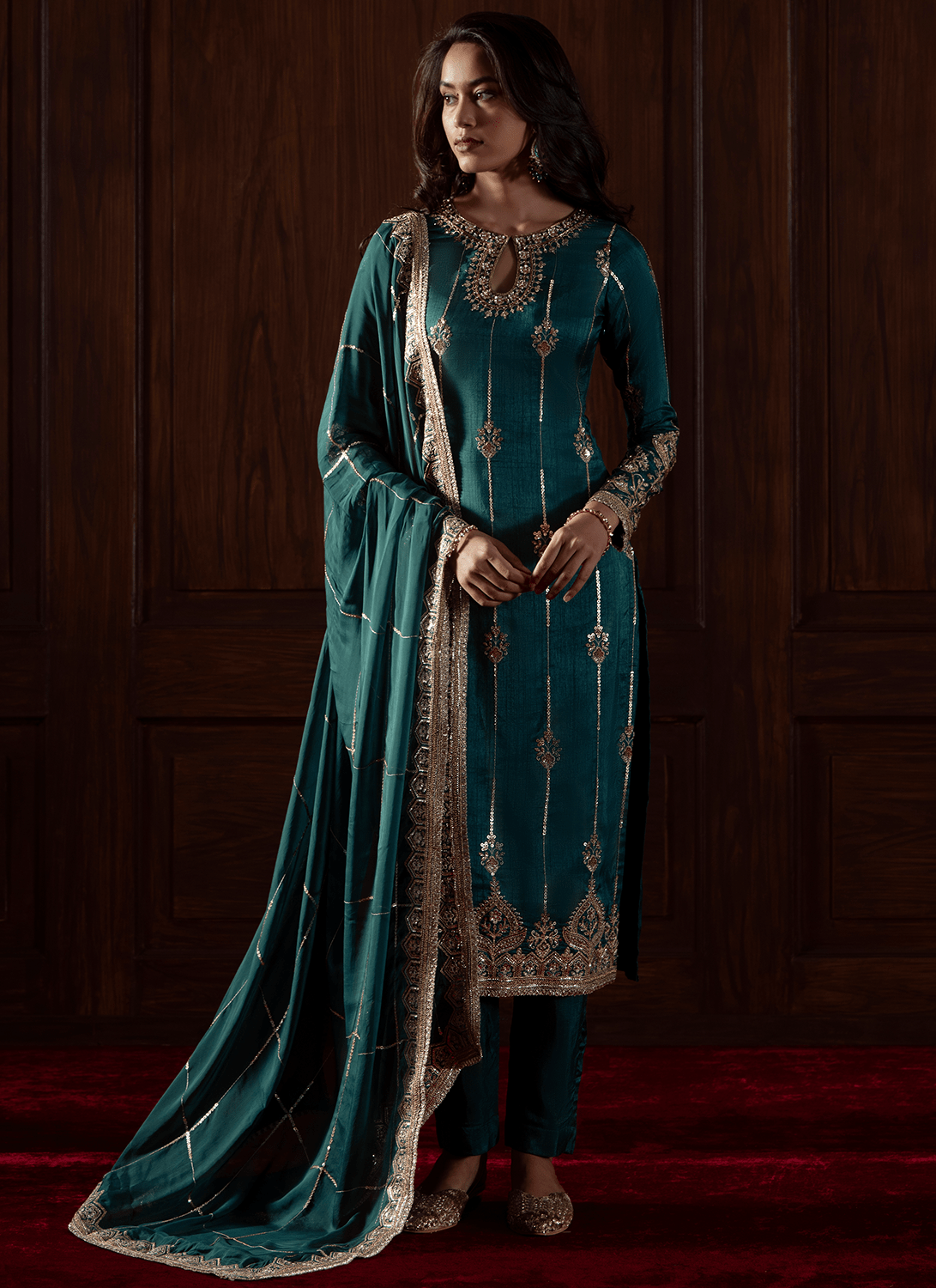 Emerald Green Embroidered Silk Straight Suit - Lashkaraa