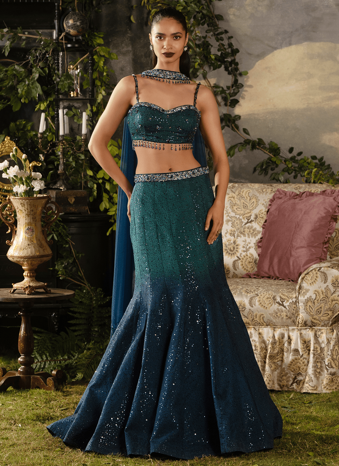 Emerald Teal Embroidered Silk Lehenga - Lashkaraa