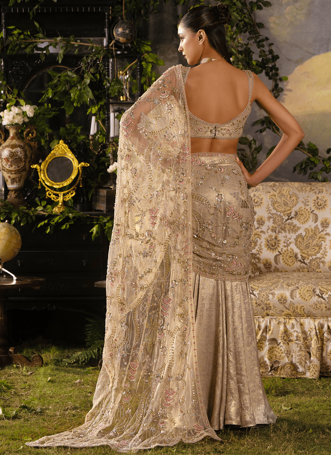 Gold Embroidered Foil Silk Saree - Lashkaraa