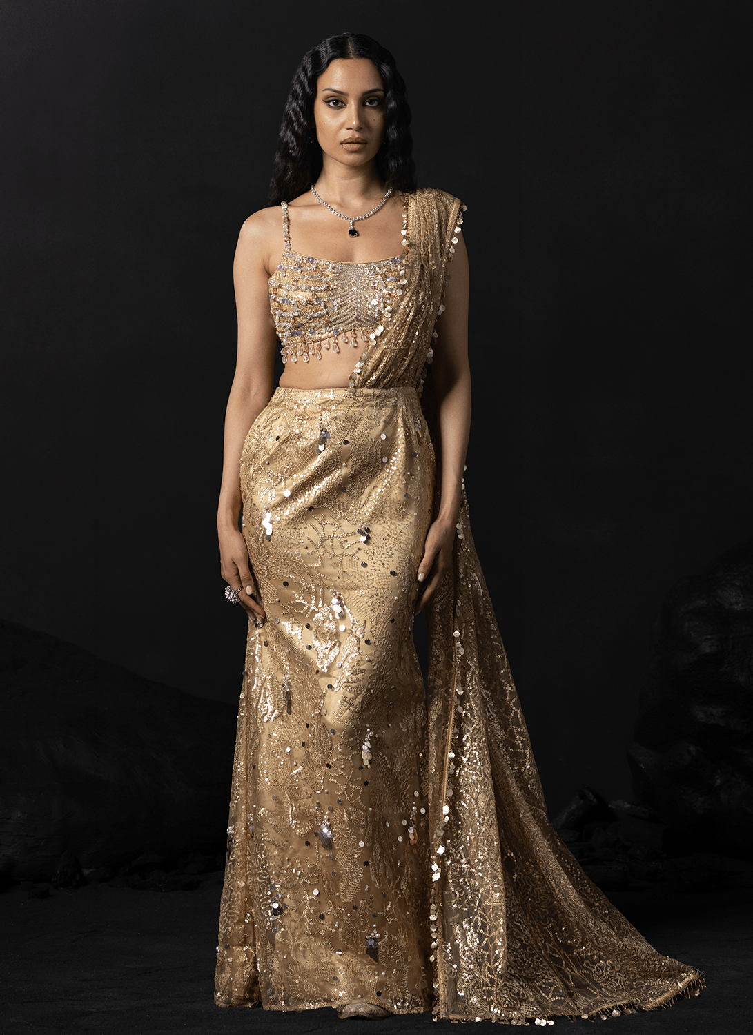 Gold Embroidered Net Saree - Lashkaraa