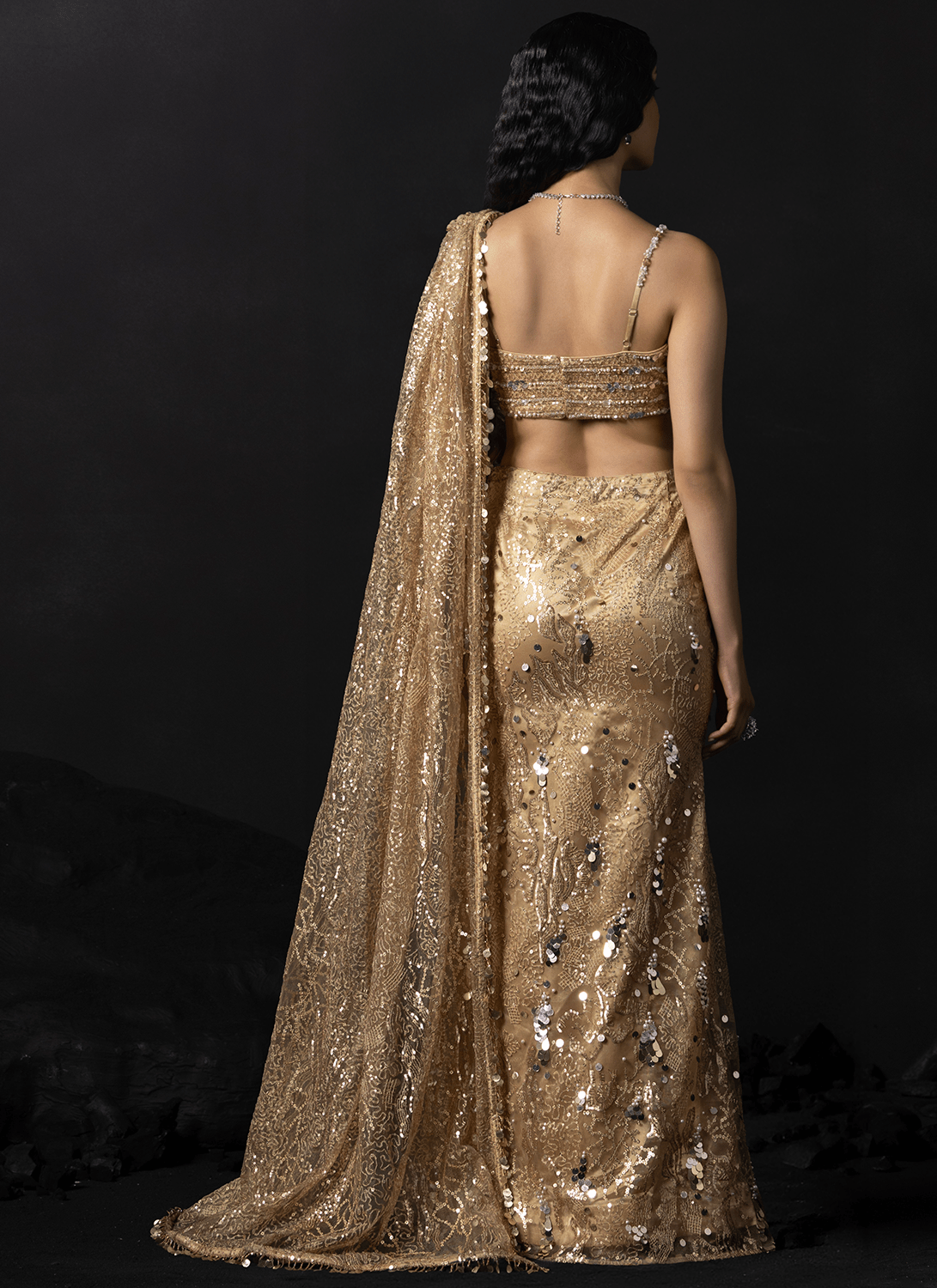 Gold Embroidered Net Saree - Lashkaraa