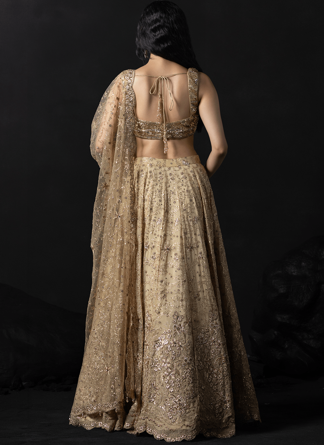 Gold Embroidered Viscose Organza Lehenga - Lashkaraa