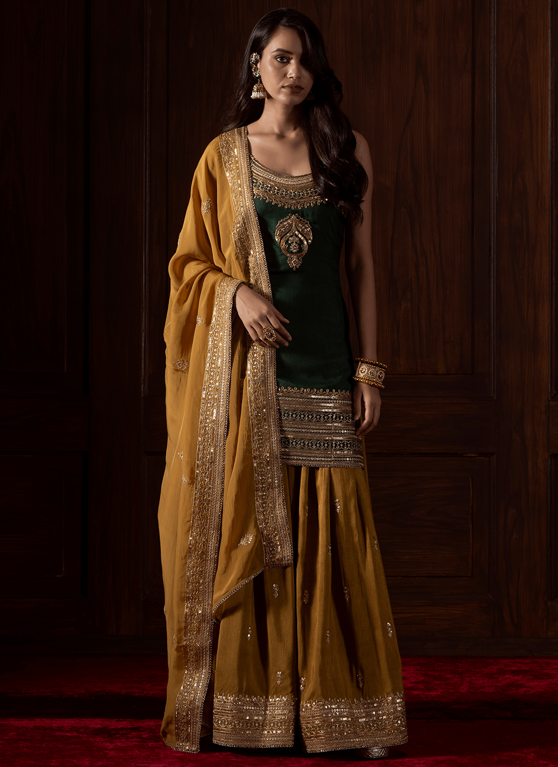 Green and Mustard Embroidered Silk Sharara - Lashkaraa