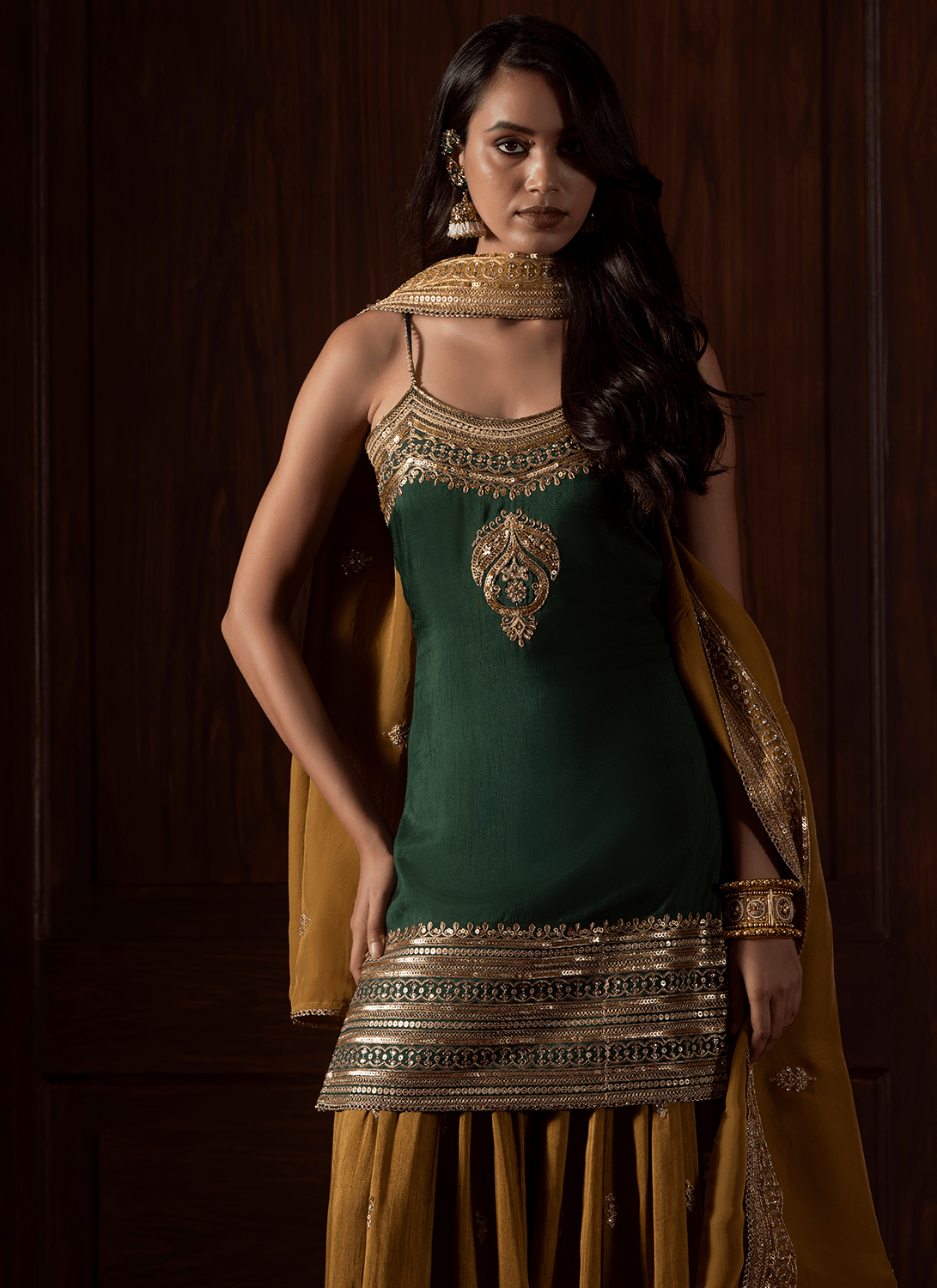 Green and Mustard Embroidered Silk Sharara - Lashkaraa