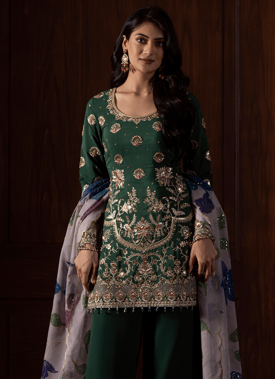 Green Embroidered Crepe Punjabi Suit - Lashkaraa