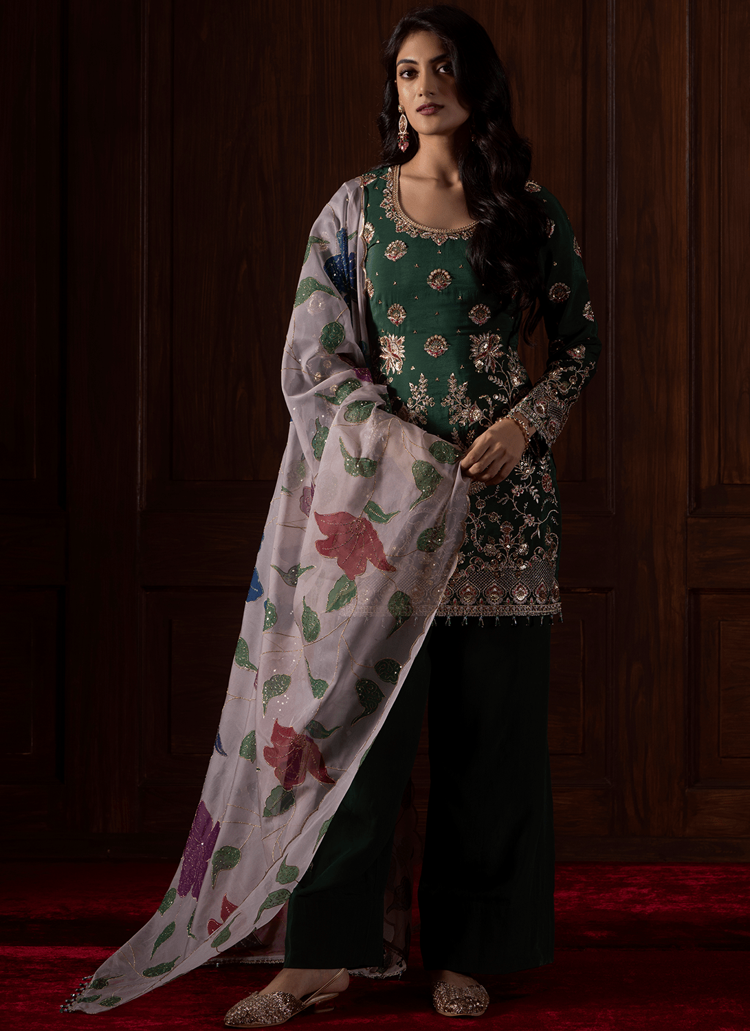 Green Embroidered Crepe Punjabi Suit - Lashkaraa