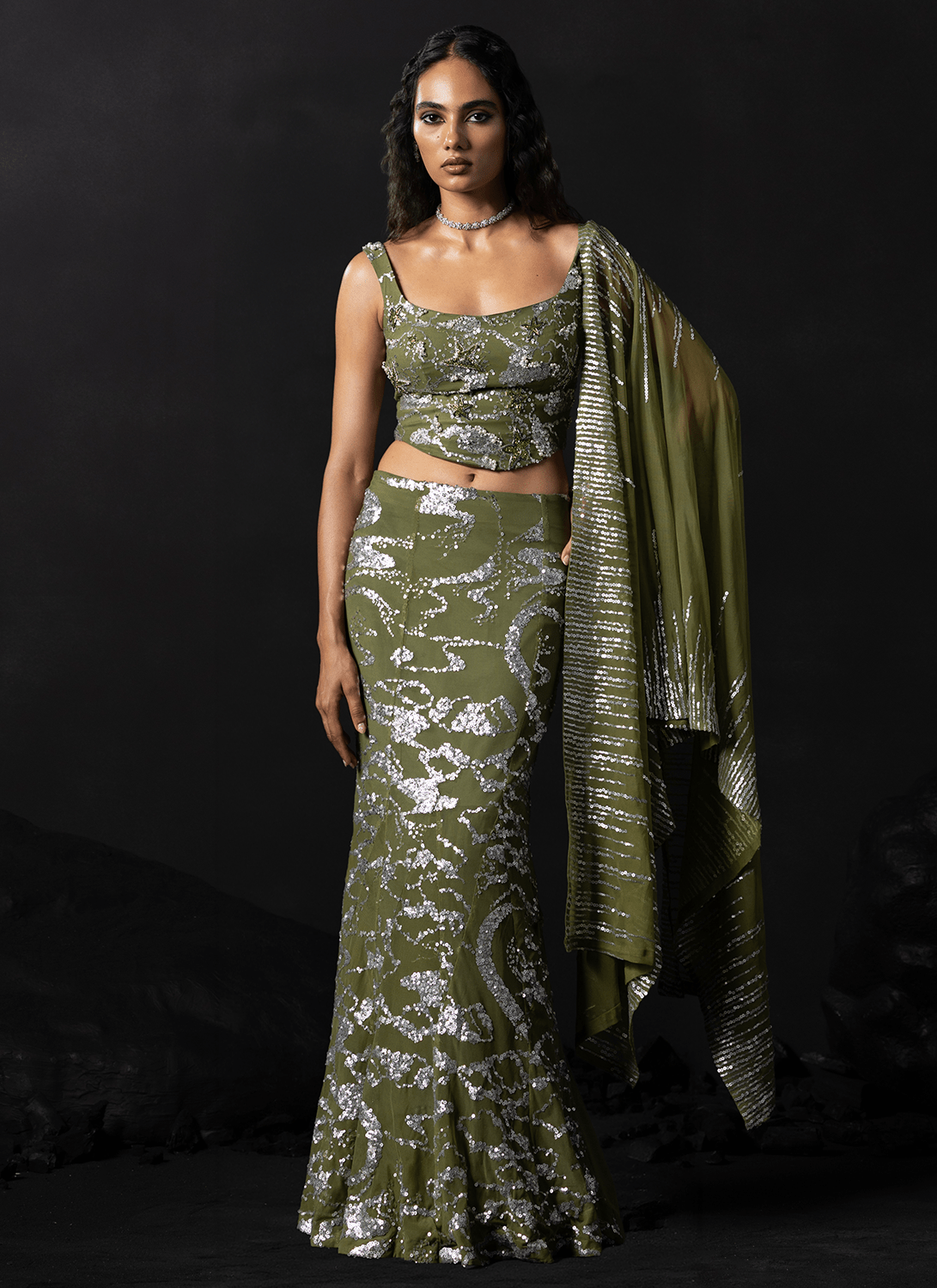 Green Embroidered Net Lehenga - Lashkaraa