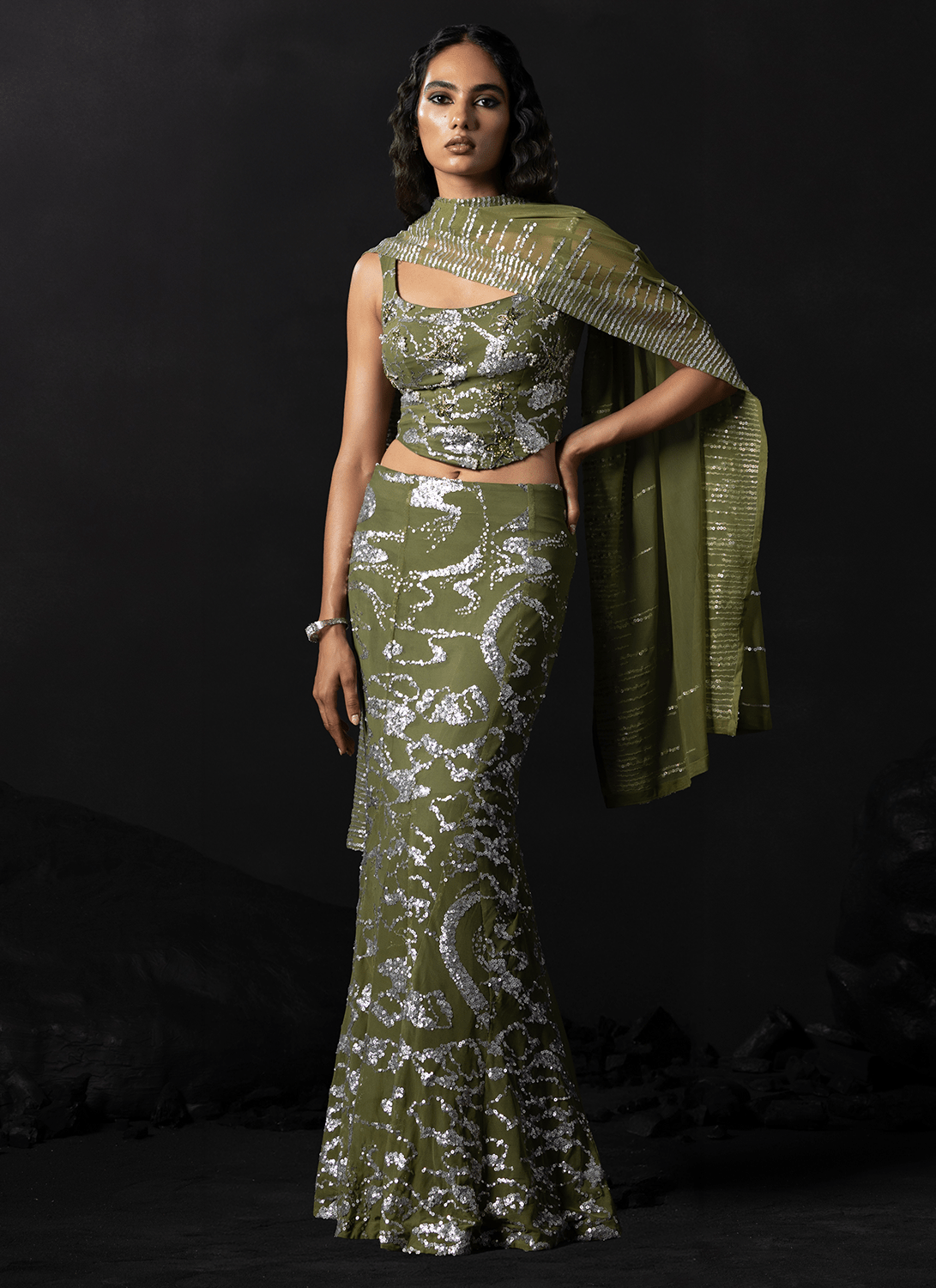 Green Embroidered Net Lehenga - Lashkaraa