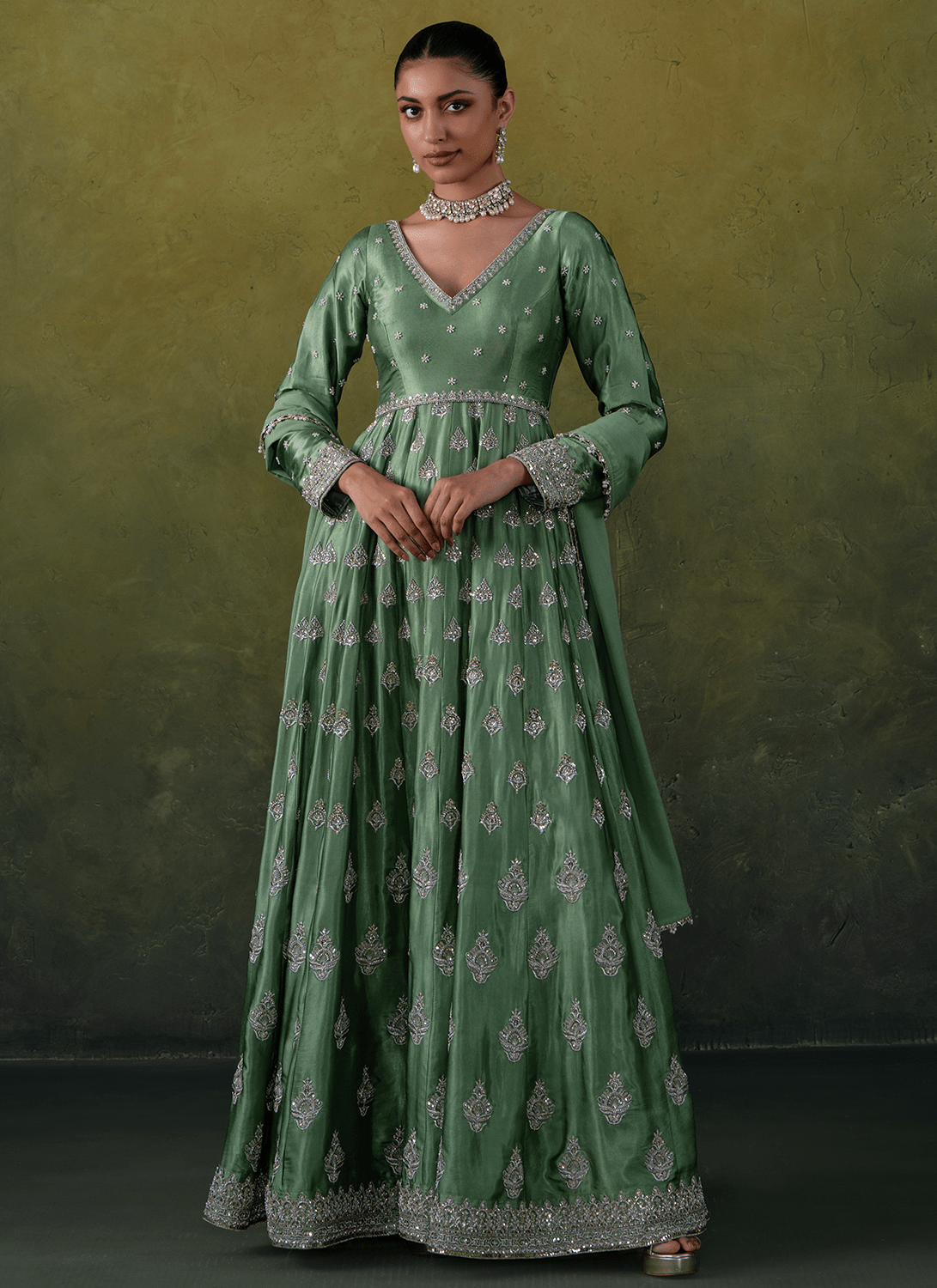 Green Embroidered Silk Anarkali - Lashkaraa