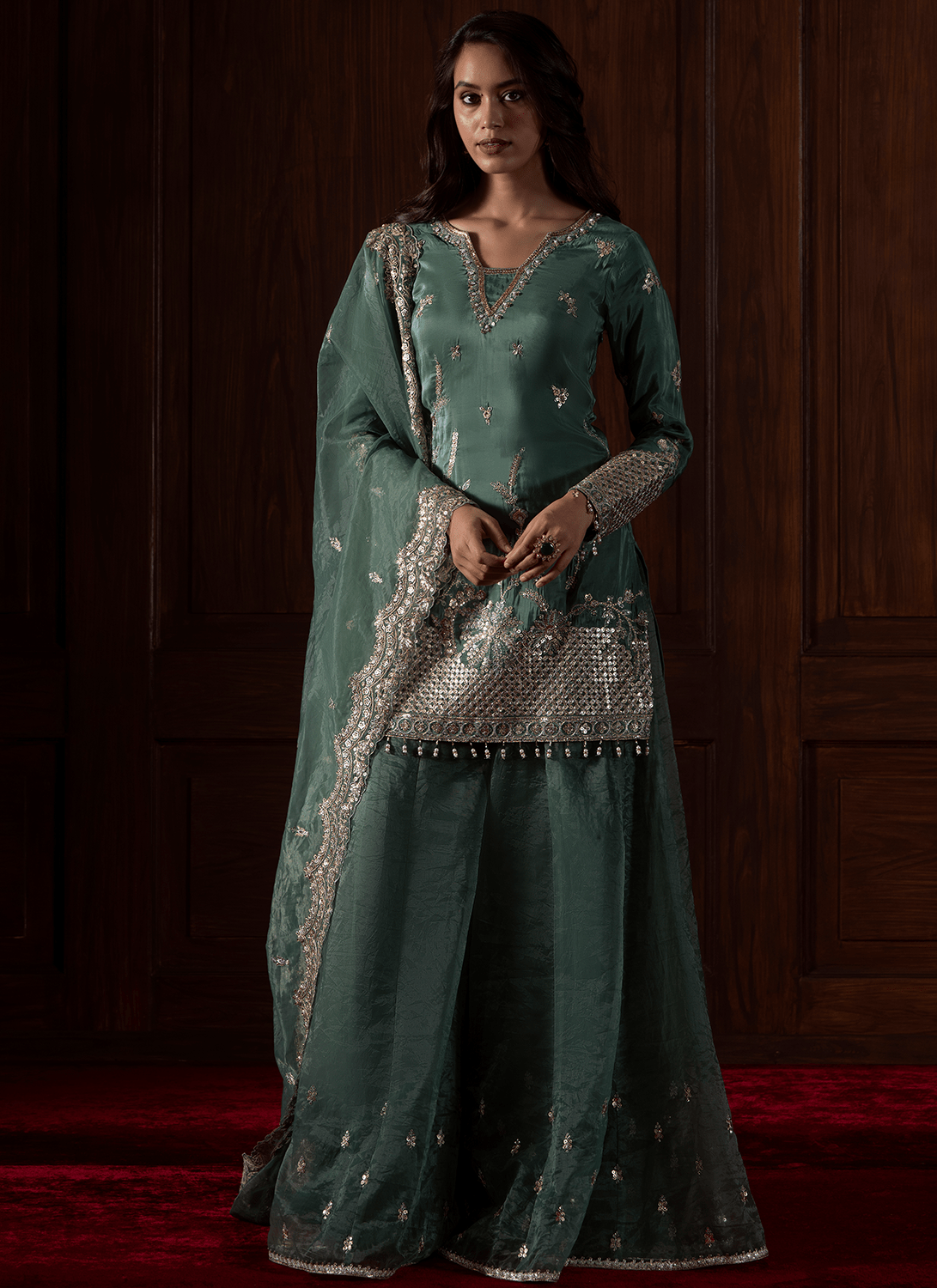 Green Embroidered Silk Sharara - Lashkaraa