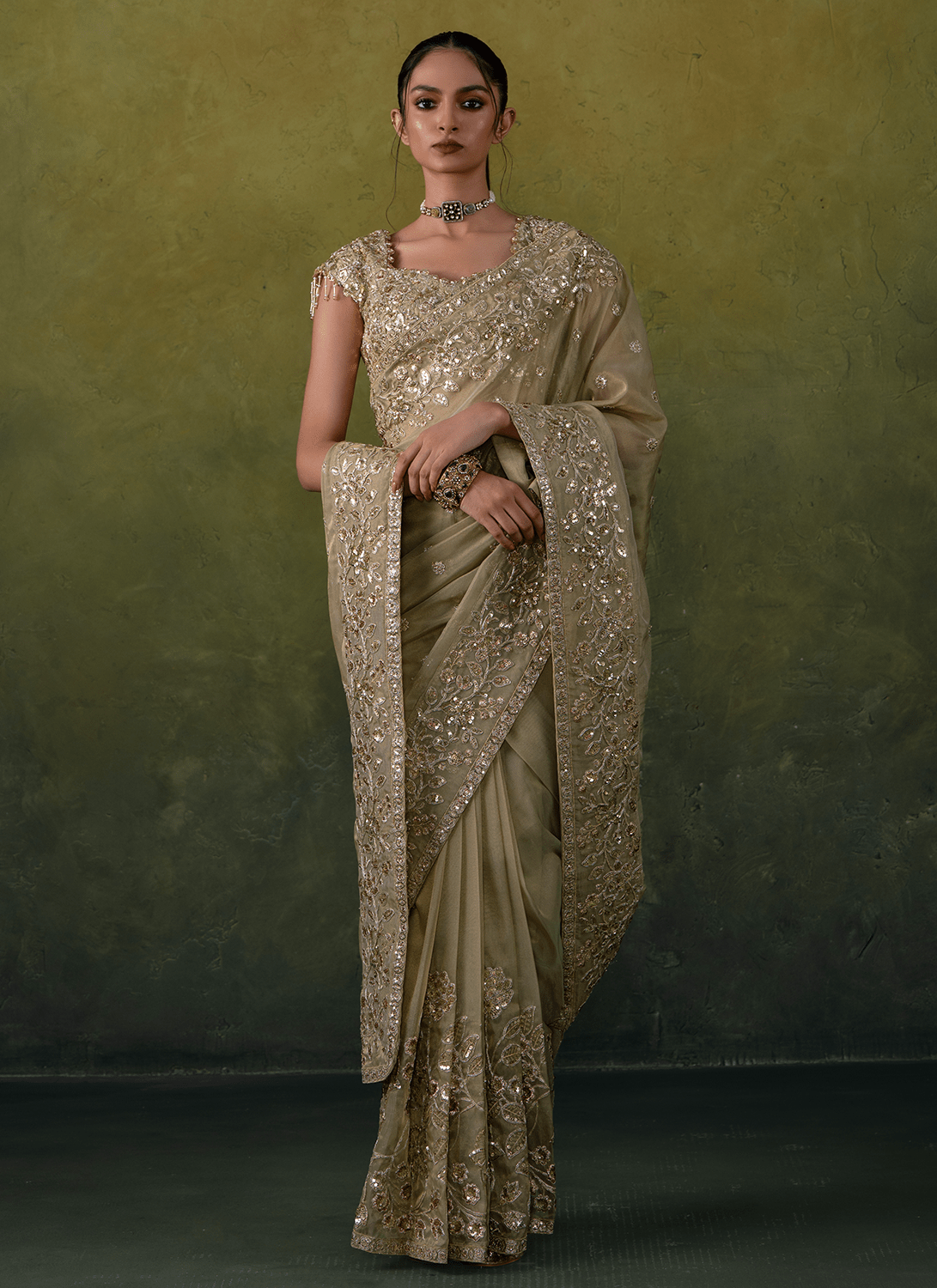 Green Embroidered Tissue Saree - Lashkaraa