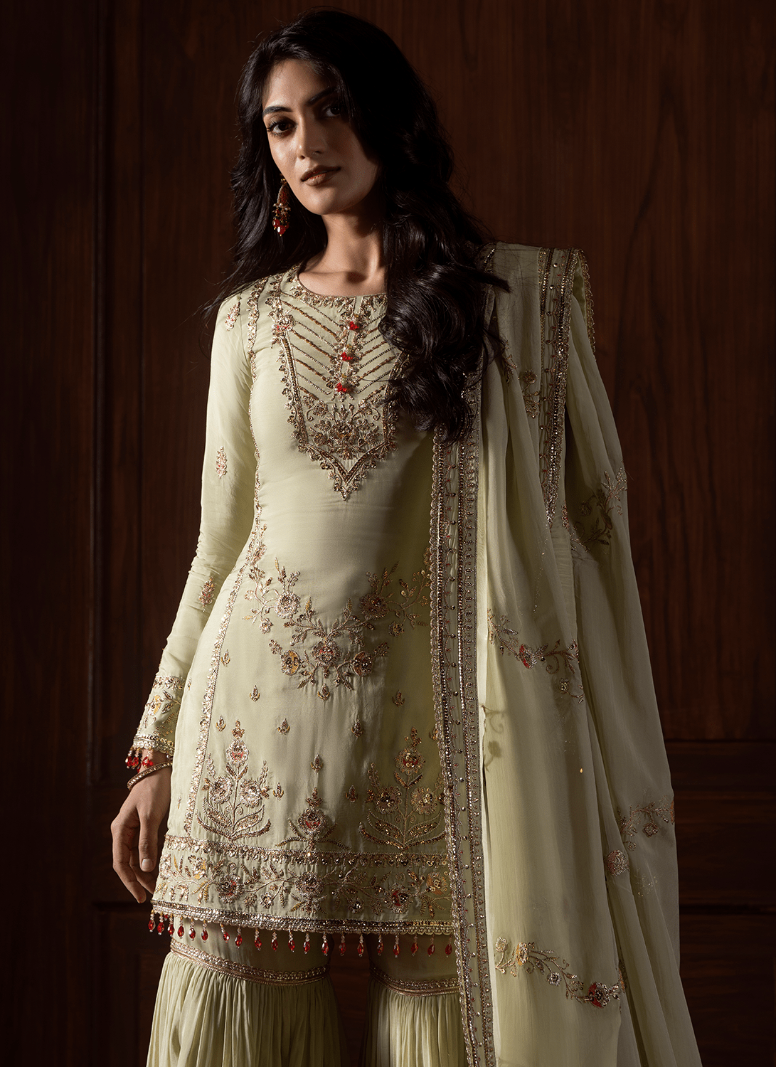 Green Embroidered Viscose Organza Gharara - Lashkaraa