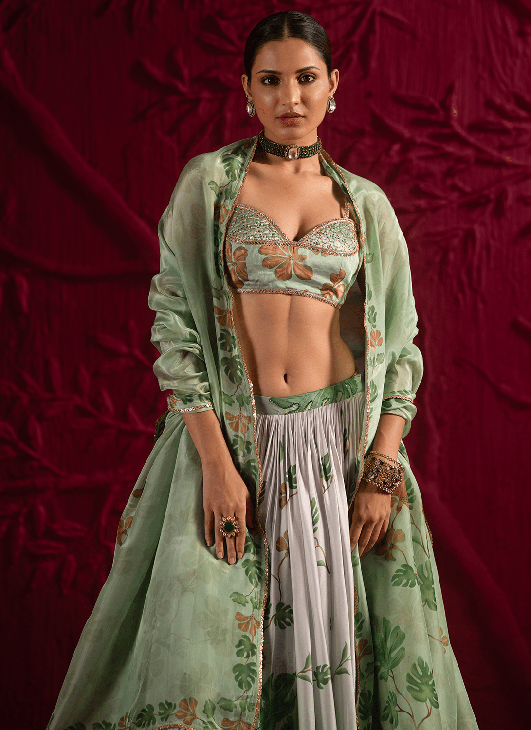 Green Floral Embroidered Satin Georgette Lehenga - Lashkaraa