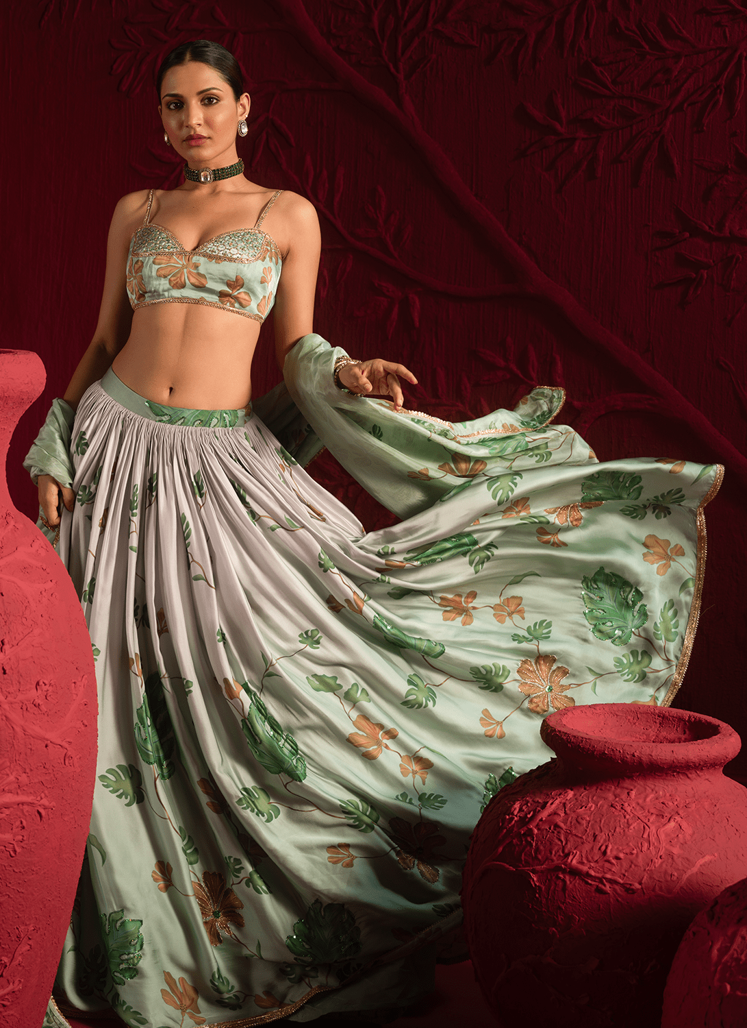 Green Floral Embroidered Satin Georgette Lehenga - Lashkaraa