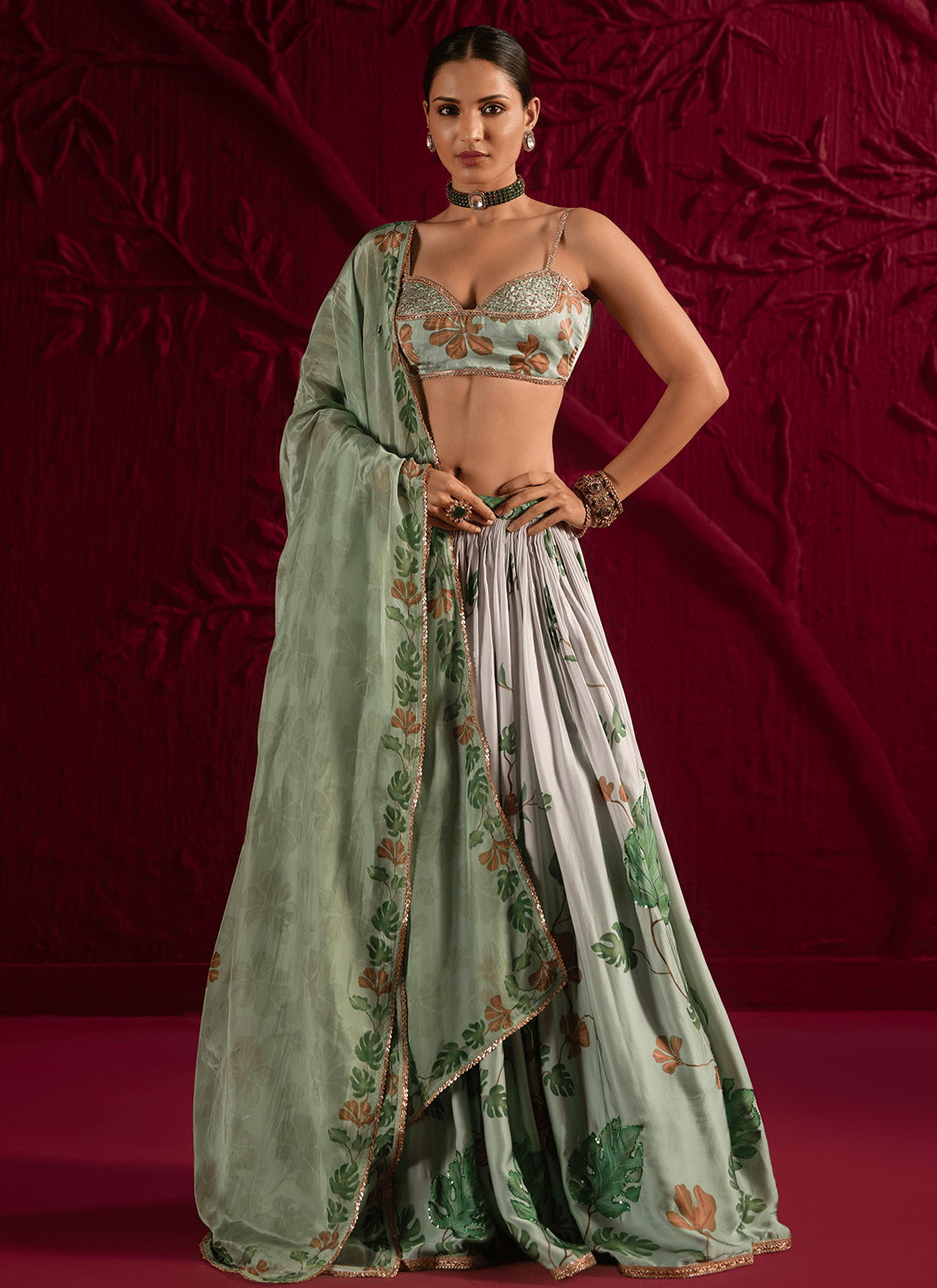 Green Floral Embroidered Satin Georgette Lehenga - Lashkaraa