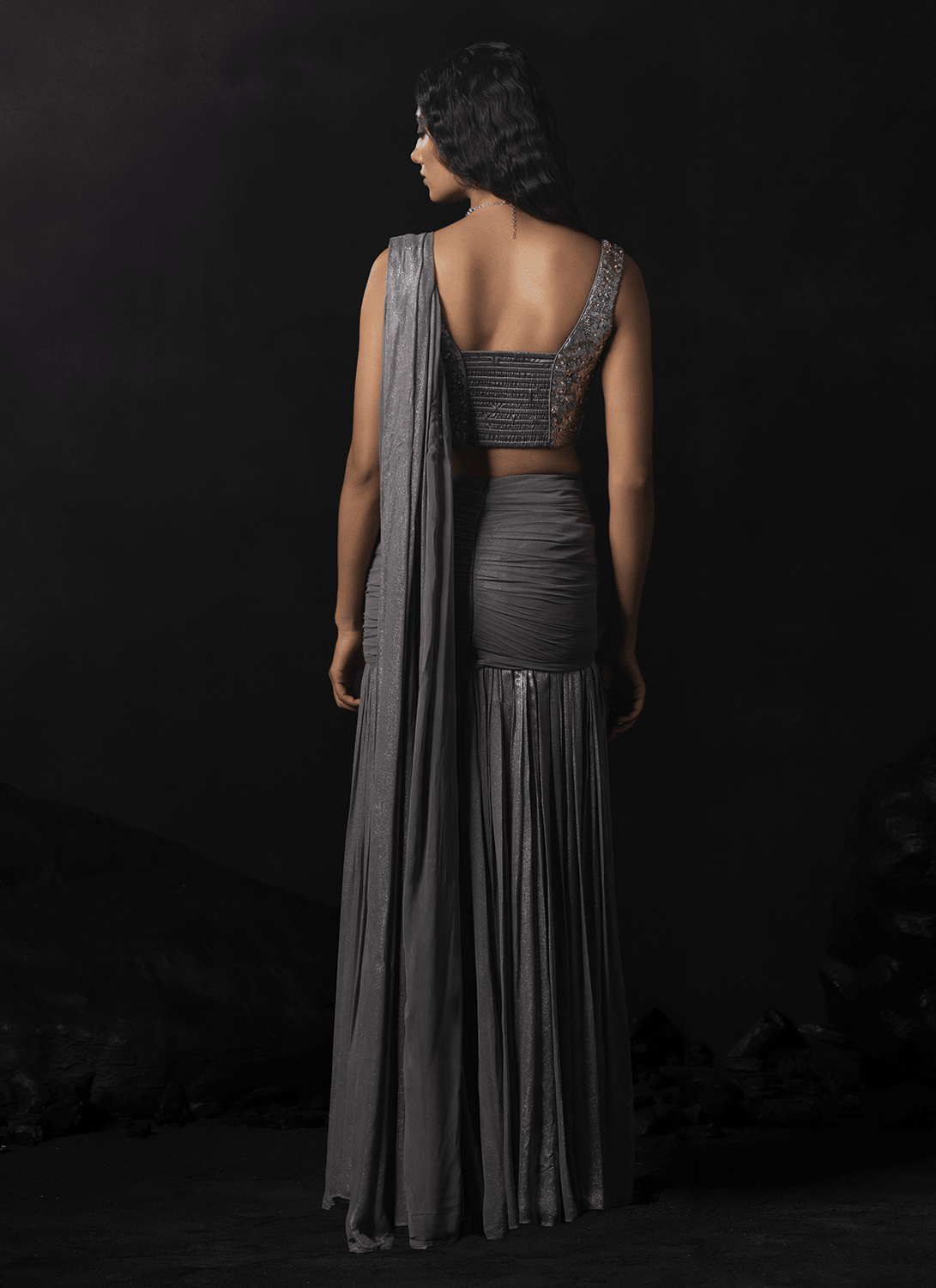 Grey Embroidered Net Saree - Lashkaraa