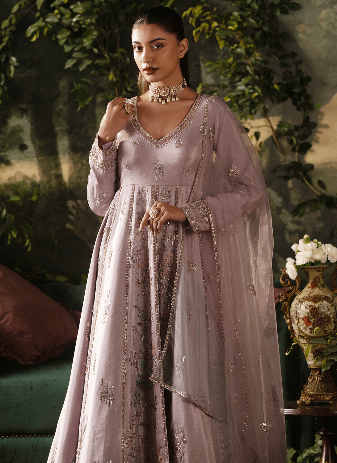 Lavender Embroidered Tissue Anarkali - Lashkaraa