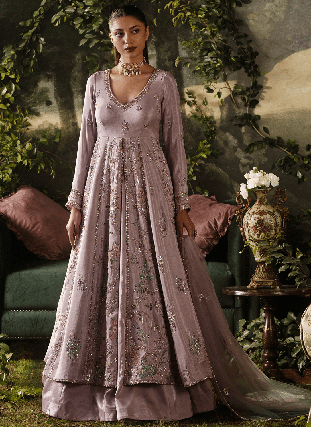 Lavender Embroidered Tissue Anarkali - Lashkaraa