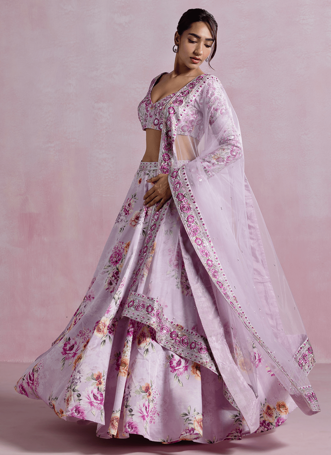 Lavender Floral Printed Modal Satin Lehenga - Lashkaraa