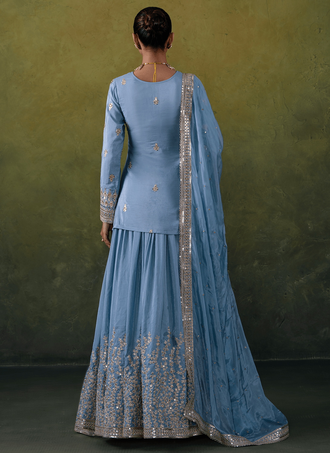 Light Blue Embroidered Crepe Kurti Style Lehenga - Lashkaraa