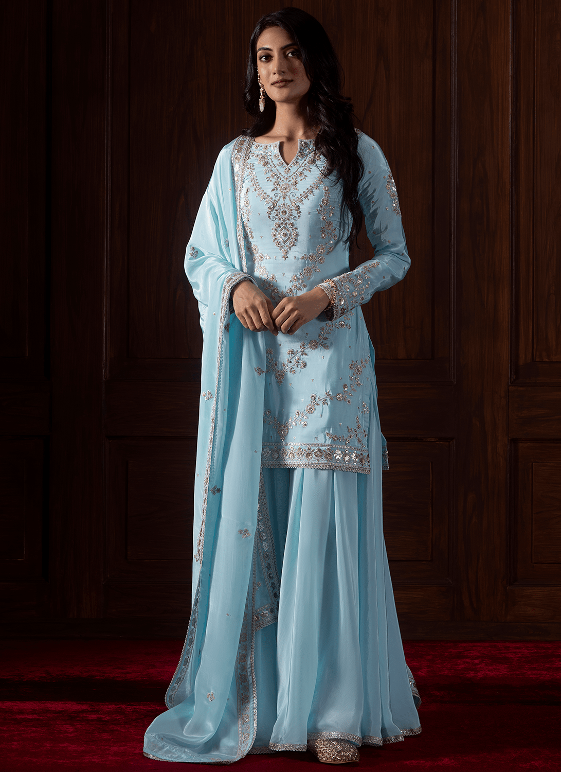 Light Blue Embroidered Crepe Sharara - Lashkaraa