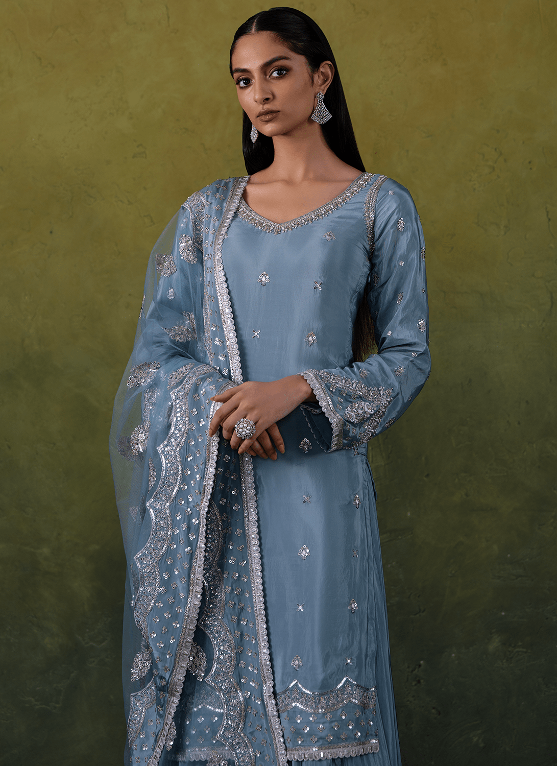 Light Blue Embroidered Crepe Sharara Suit - Lashkaraa