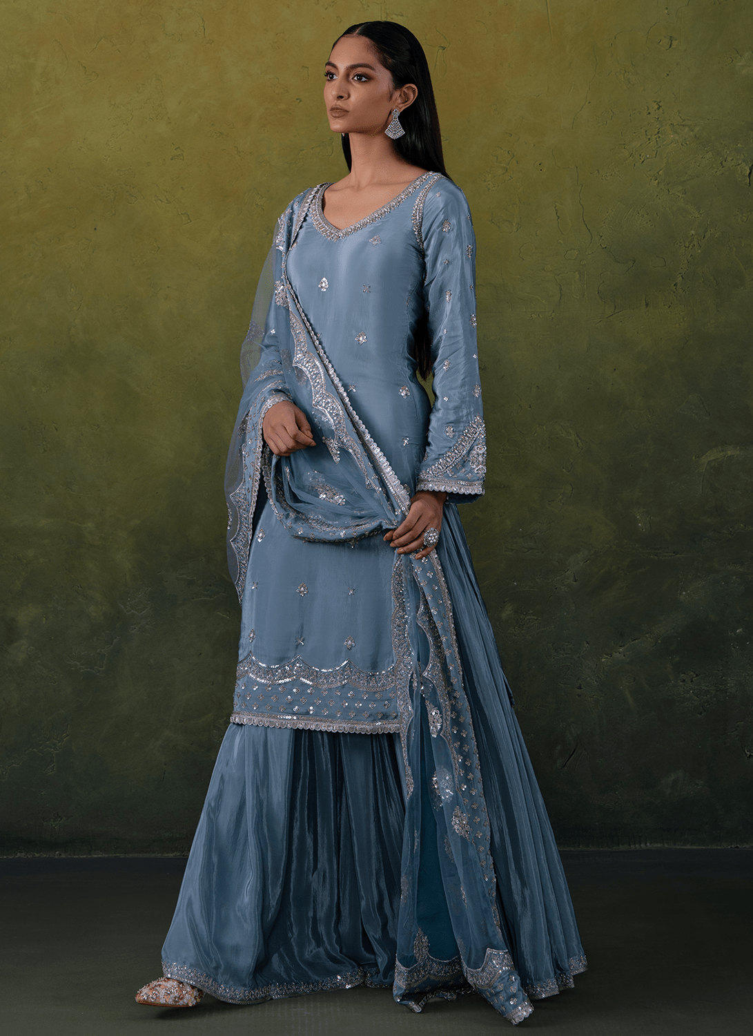 Light Blue Embroidered Crepe Sharara Suit - Lashkaraa