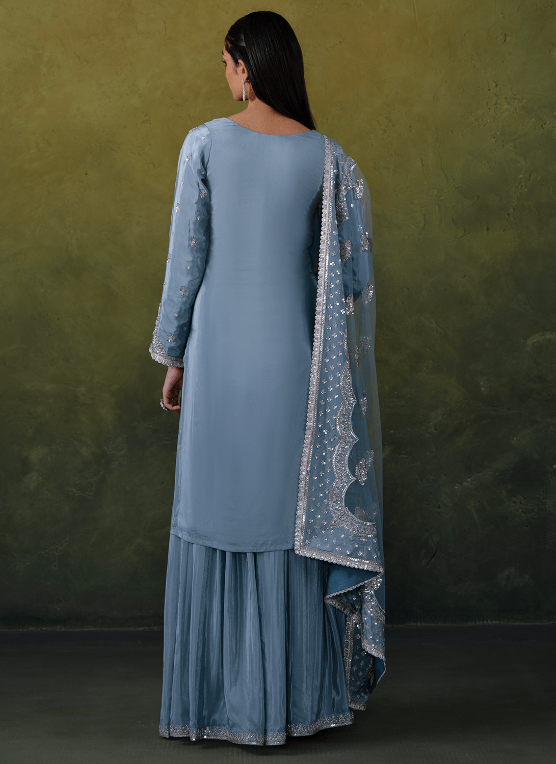 Light Blue Embroidered Crepe Sharara Suit - Lashkaraa