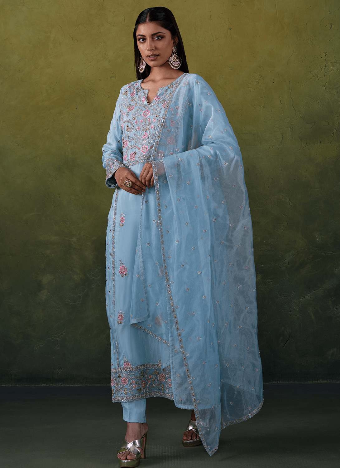 Light Blue Embroidered Organza Straight Suit - Lashkaraa