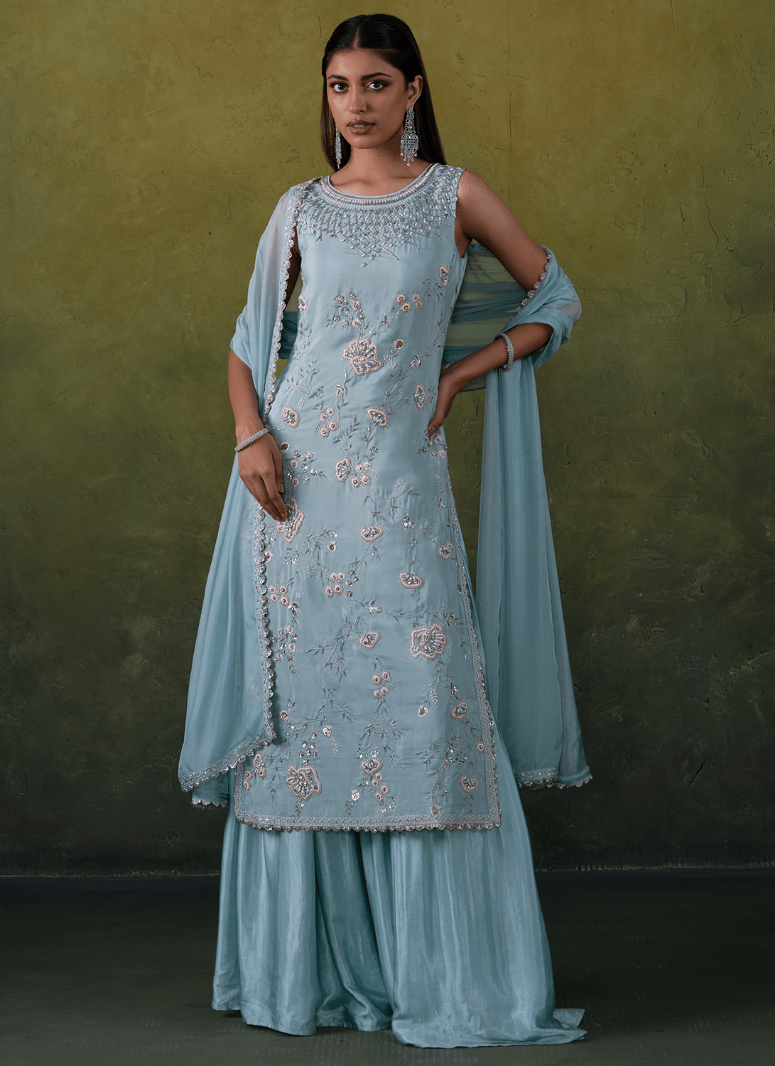 Light Blue Embroidered Silk Sharara Suit - Lashkaraa