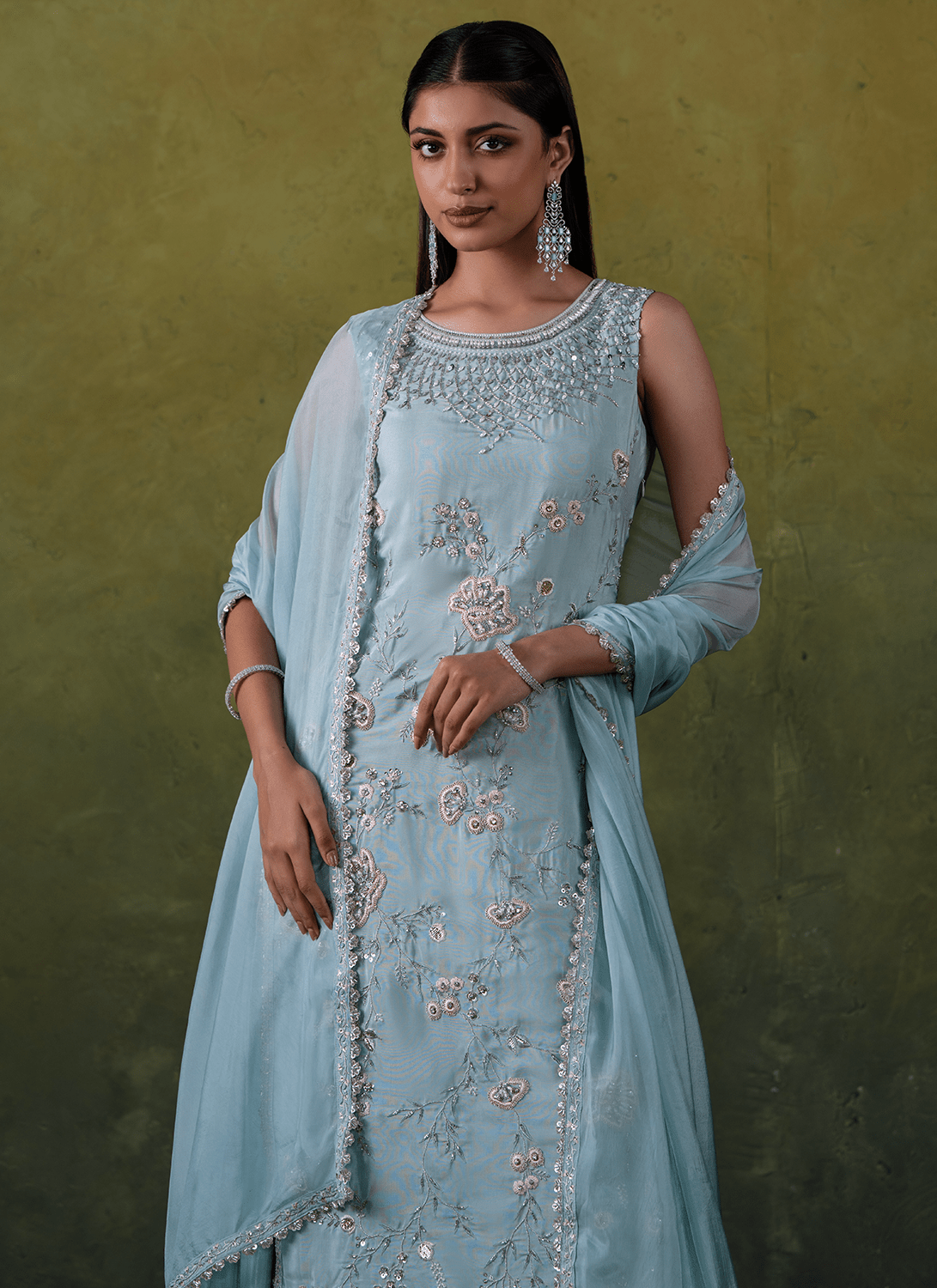 Light Blue Embroidered Silk Sharara Suit - Lashkaraa