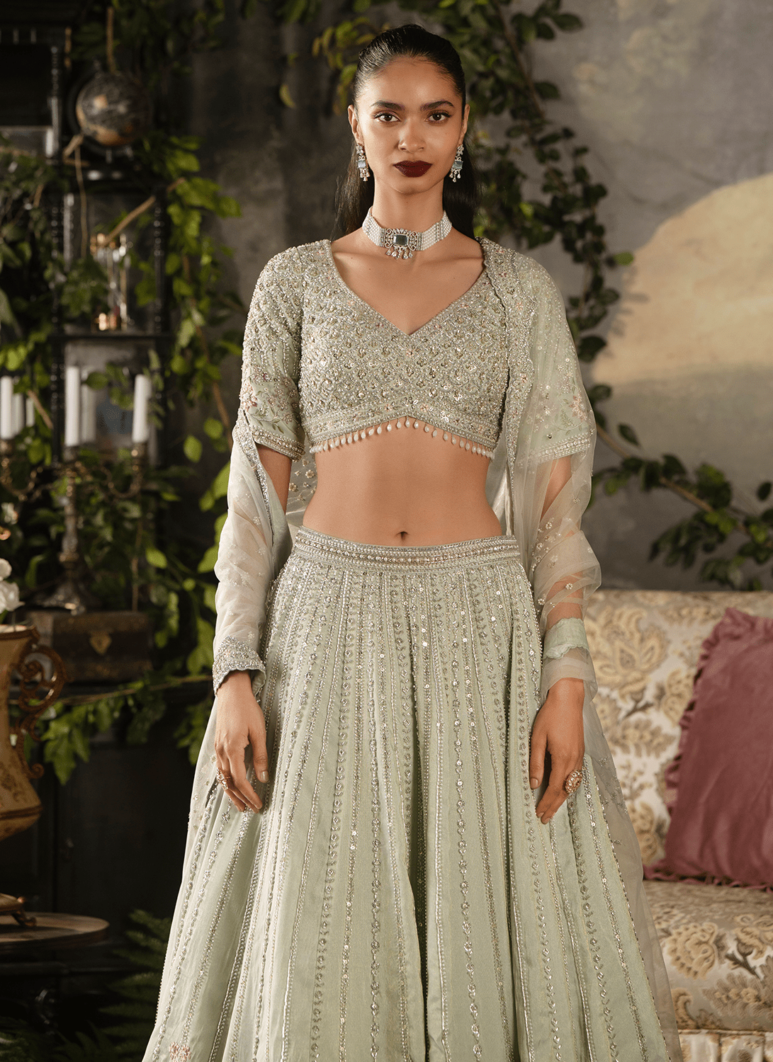 Light Dusty Green Embroidered Tissue Lehenga - Lashkaraa