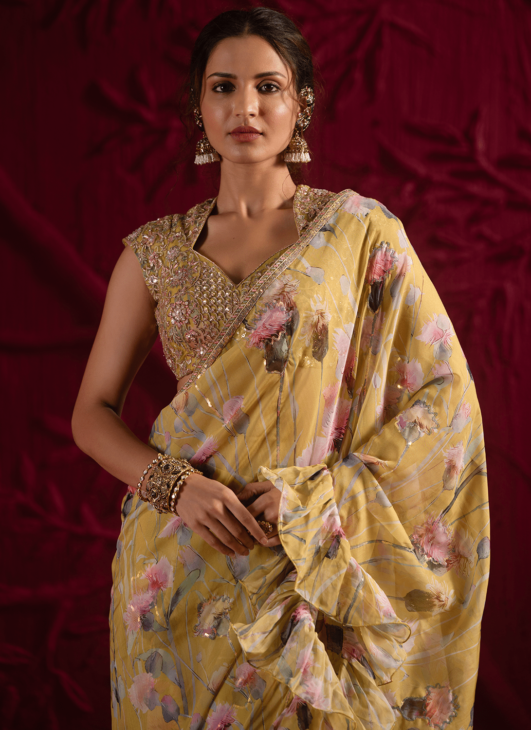 Light Dusty Green Floral Embroidered Organza Saree - Lashkaraa