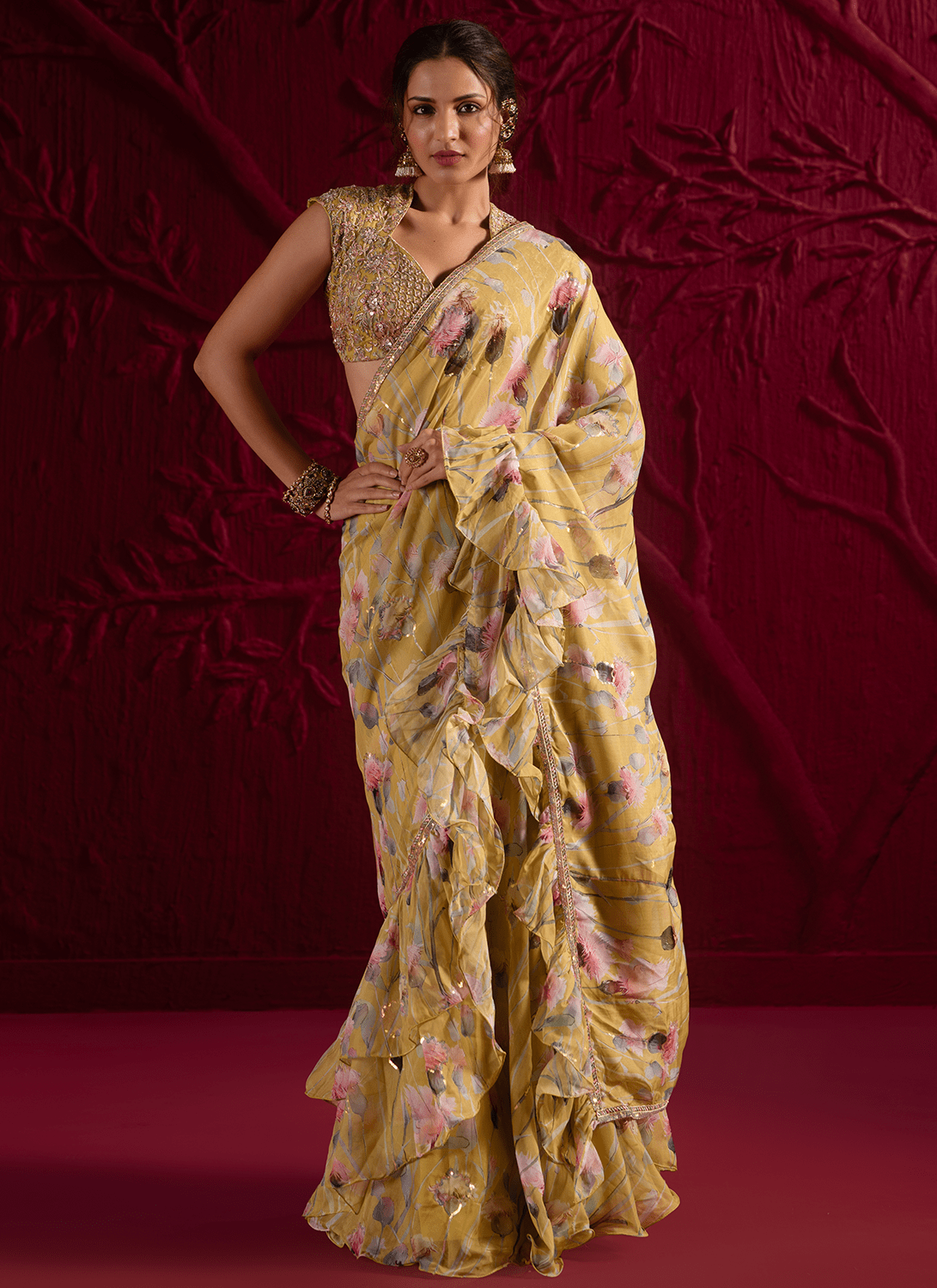 Light Dusty Green Floral Embroidered Organza Saree - Lashkaraa