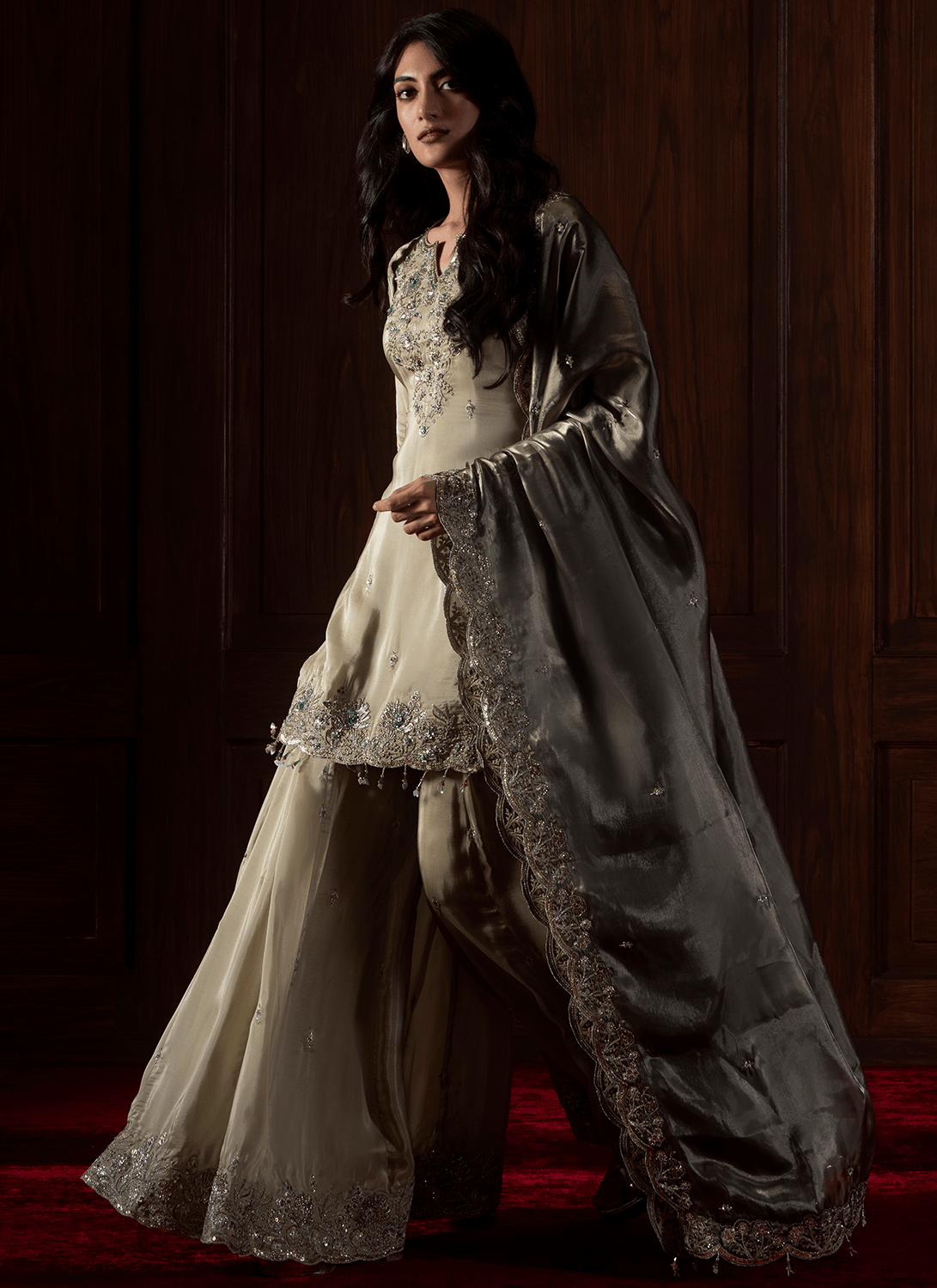 Light Green Embroidered Organza Sharara - Lashkaraa