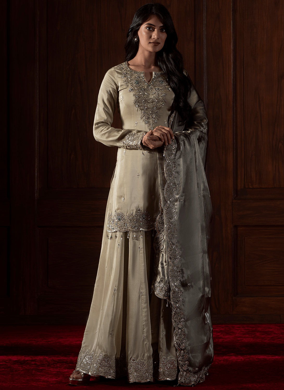 Light Green Embroidered Organza Sharara - Lashkaraa