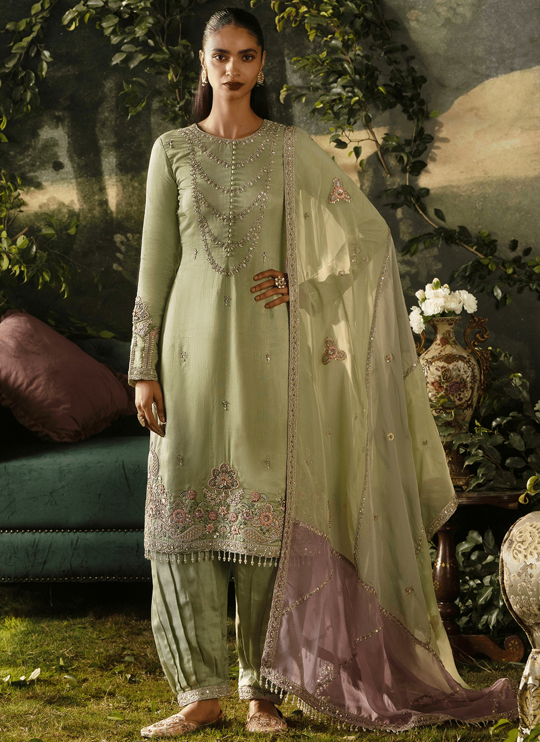 Light Green Embroidered Viscose Silk Salwar Suit - Lashkaraa