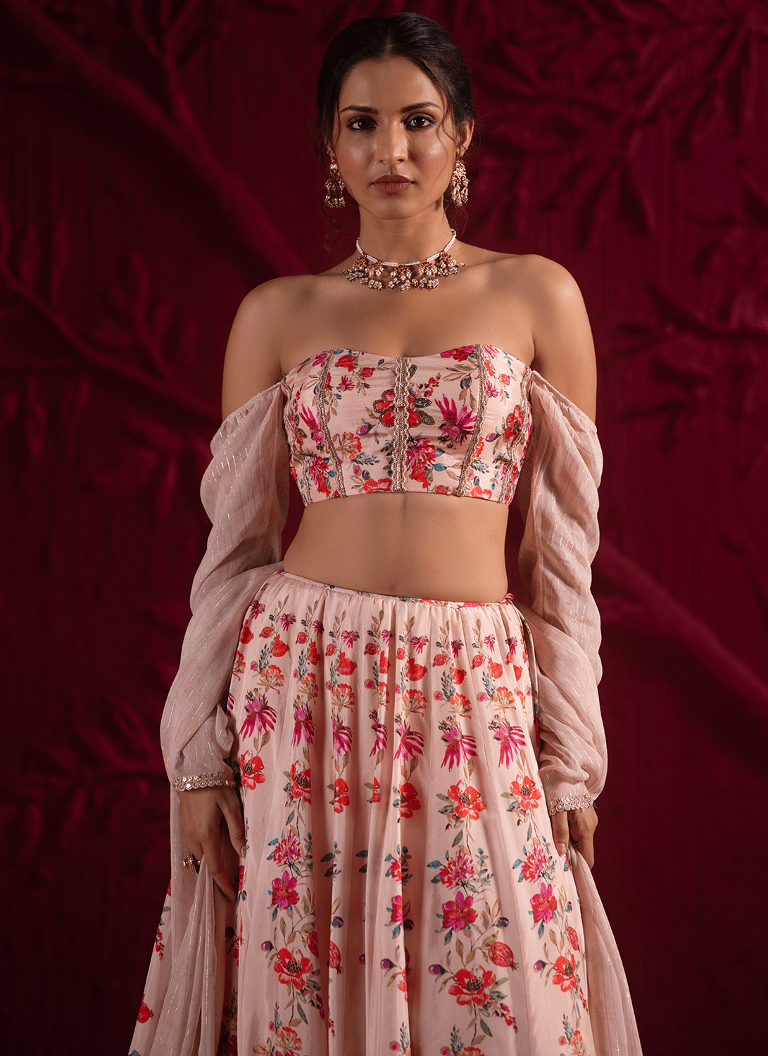 Light Peach Floral Embroidered Crepe Silk Lehenga - Lashkaraa