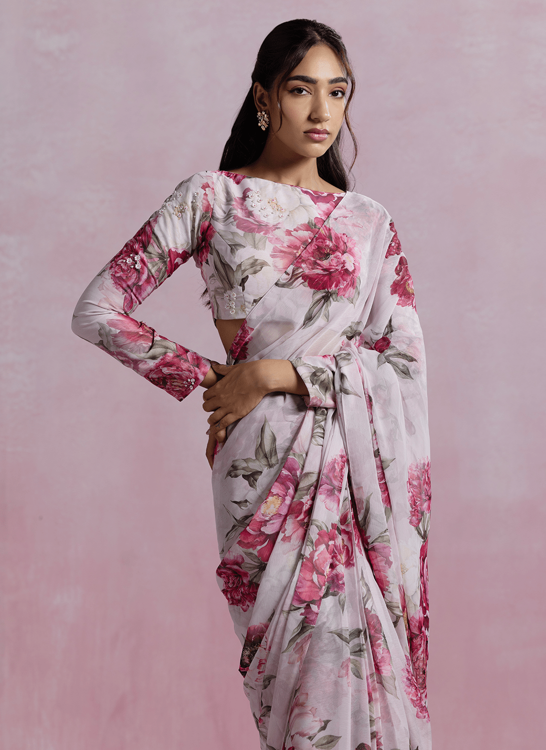 Light Pink Floral Printed Chiffon Saree - Lashkaraa