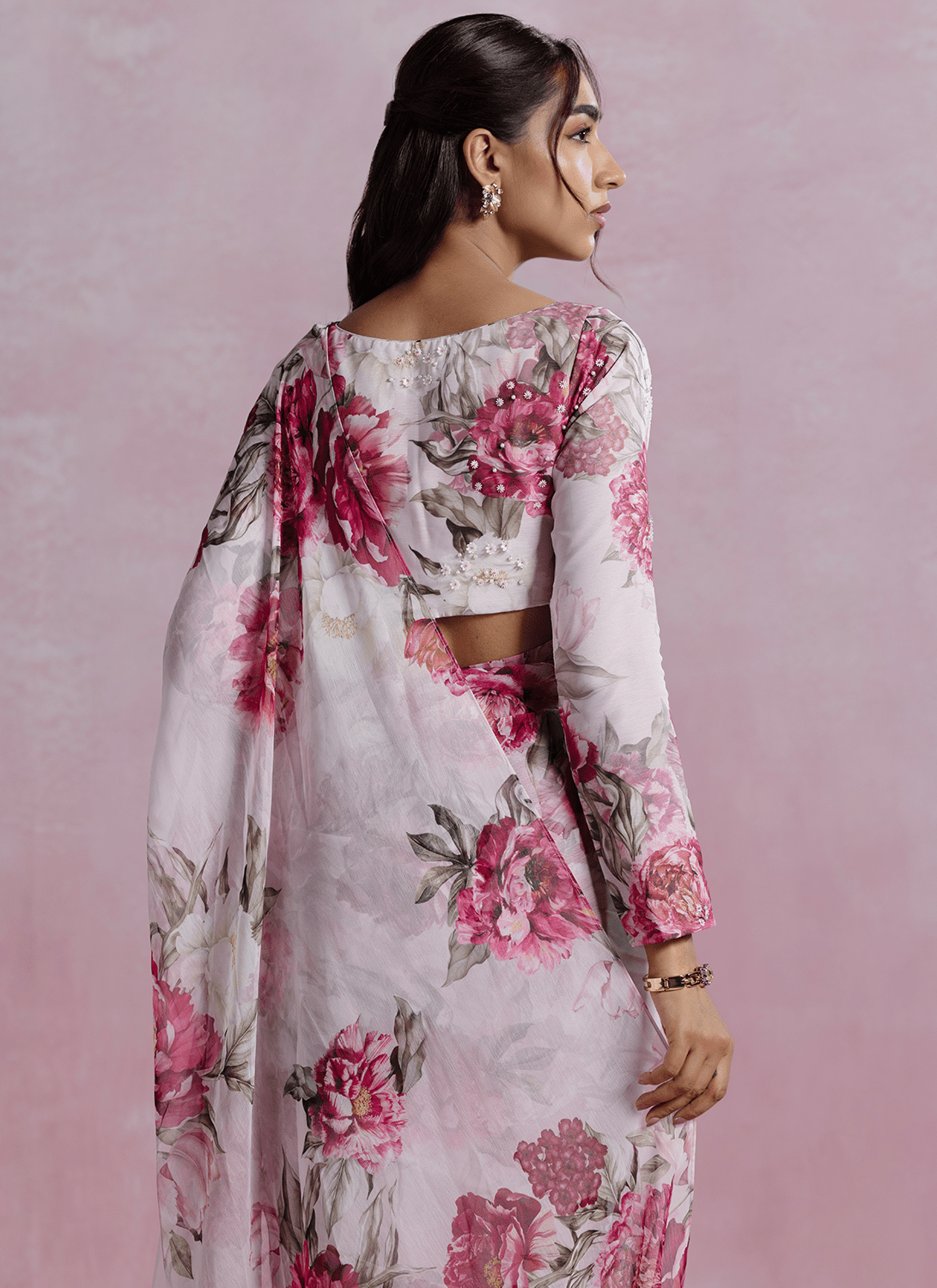 Light Pink Floral Printed Chiffon Saree - Lashkaraa