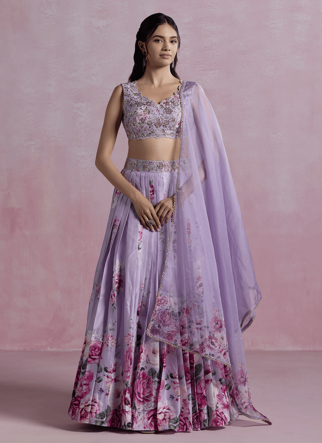 Light Purple Floral Printed Modal Satin Lehenga - Lashkaraa